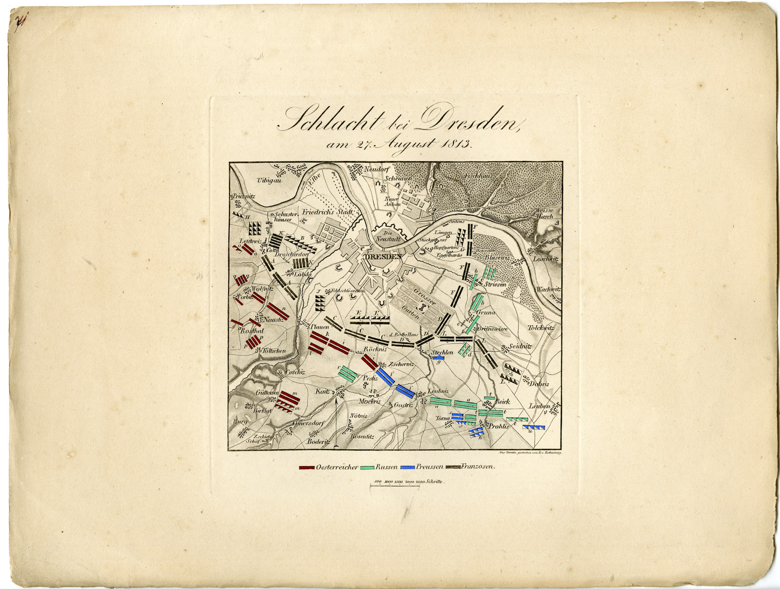 , Antique Map-BATTLE OF DRESDEN-GERMANY-von Rothenburg-1837, Pictura Antique Prints