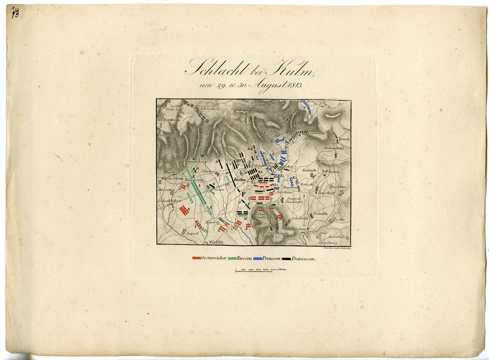 , Antique Map-BATTLE OF KULM-CHLUMEC-BOHEMIA-von Rothenburg-1837, Pictura Antique Prints