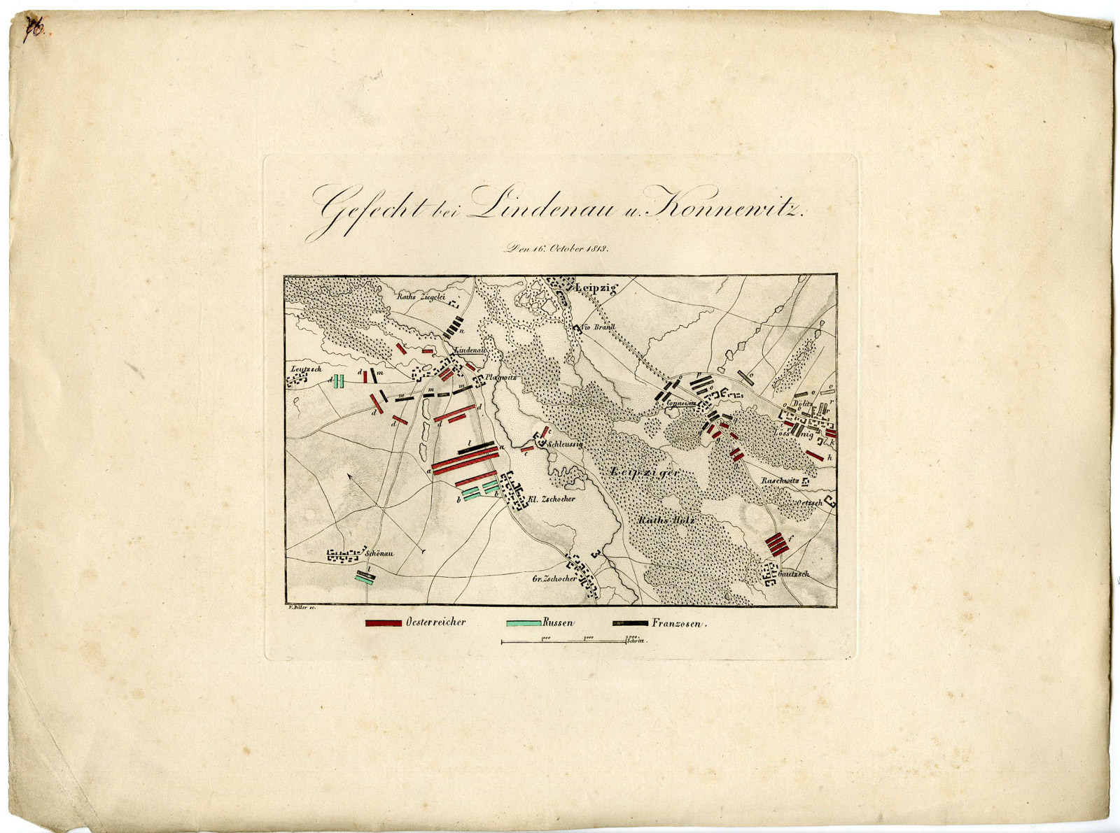 , Antique Map-BATTLE OF LINDENAU-GERMANY-Biller-von Rothenburg-1837, Pictura Antique Prints