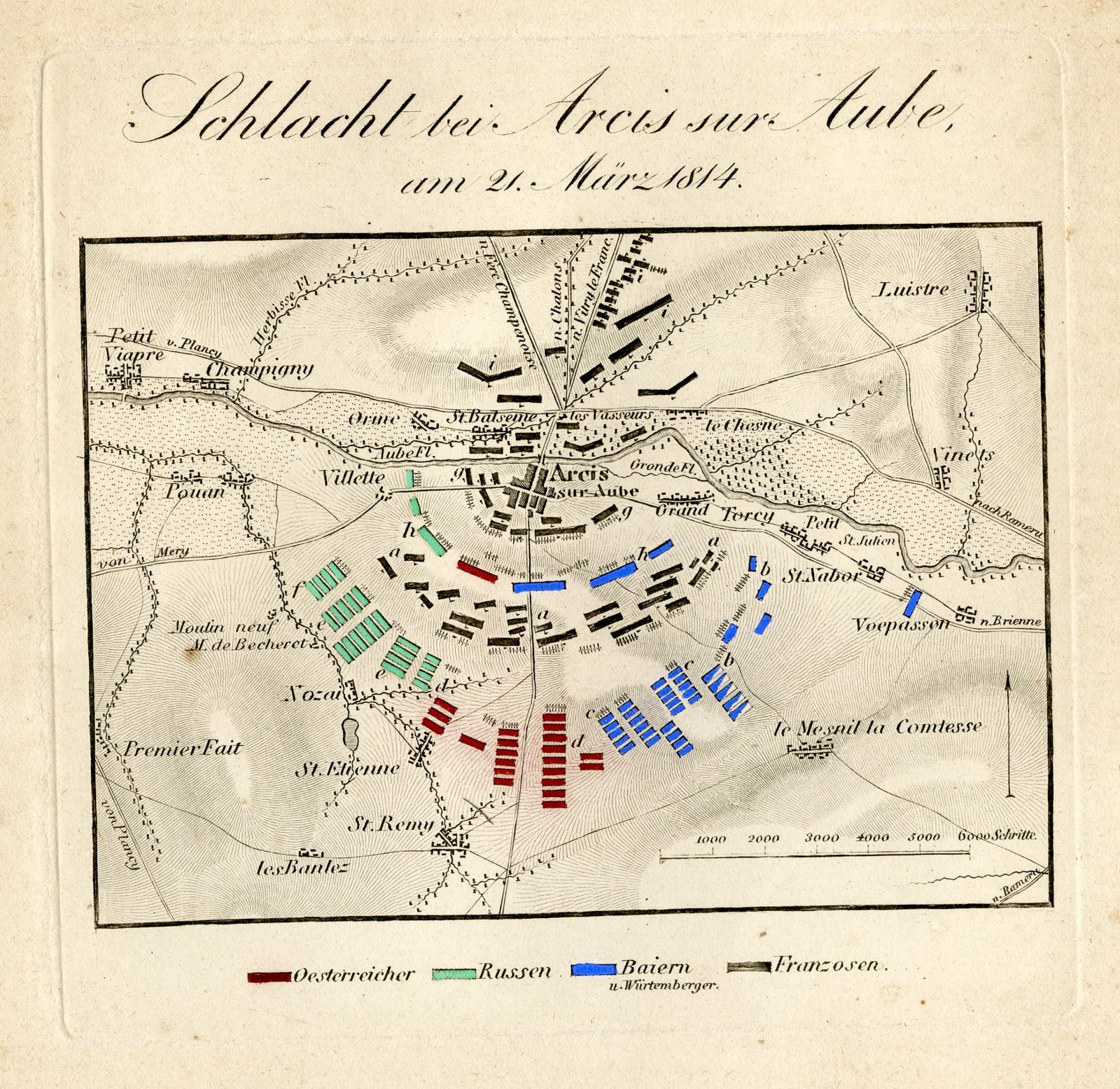 , Antique Map-BATTLE OF ARCIS SUR AUBE-FRANCE-von Rothenburg-1837, Pictura Antique Prints