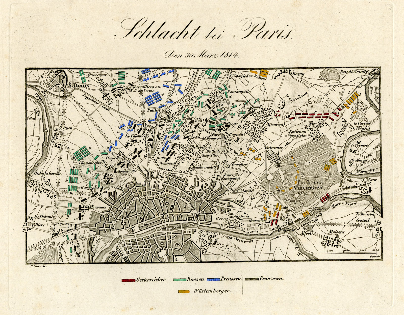 , Antique Map-BATTLE OF PARIS-FRANCE-Biller-von Rothenburg-1837, Pictura Antique Prints