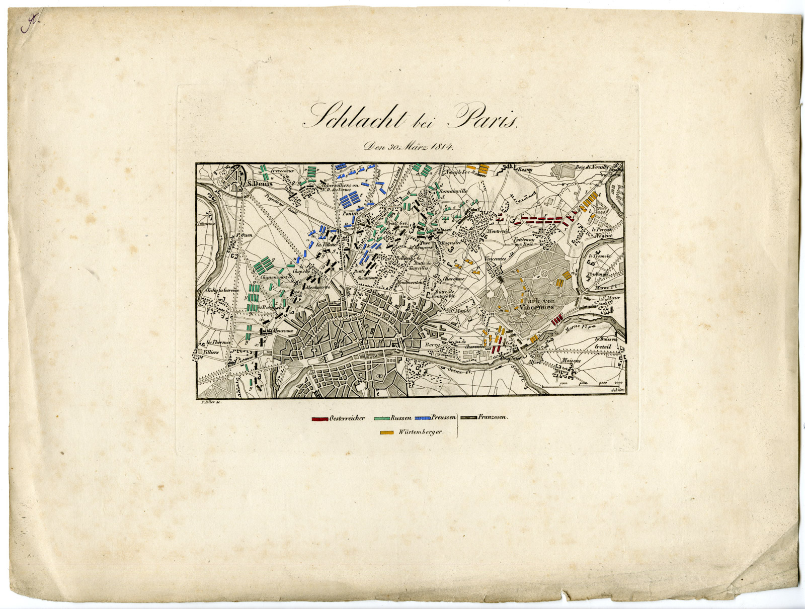 , Antique Map-BATTLE OF PARIS-FRANCE-Biller-von Rothenburg-1837, Pictura Antique Prints