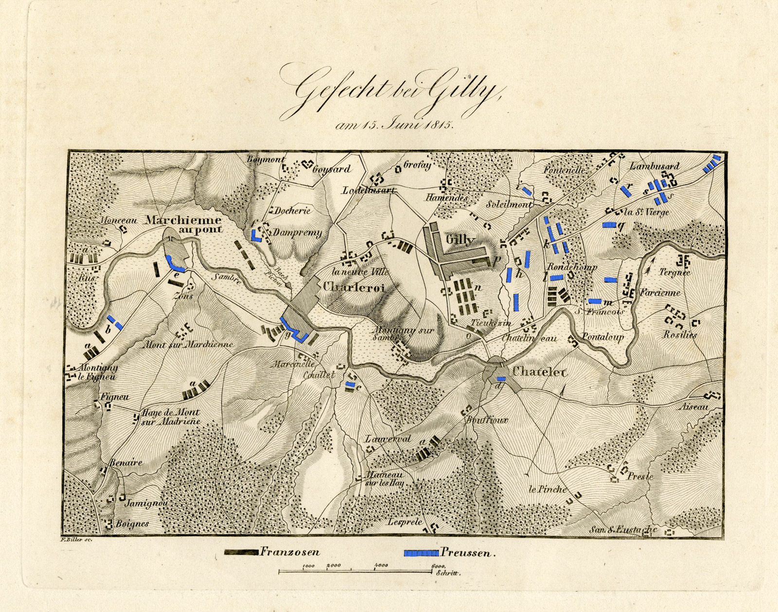 Antique Map-BATTLE OF GILLY-WATERLOO-BELGIUM-Biller-von Rothenburg-1837