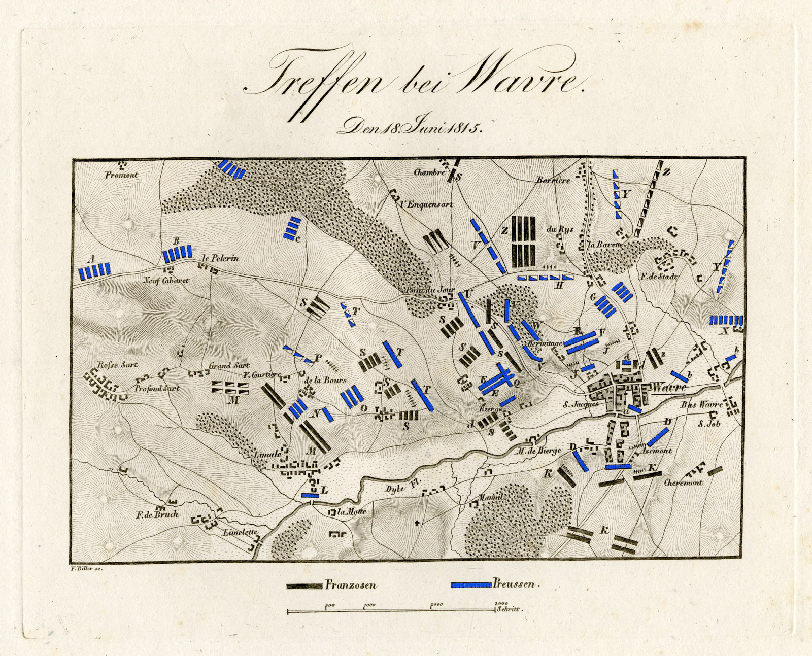 , Antique Map-BATTLE OF WAVRE-BELGIUM-Biller-von Rothenburg-1837, Pictura Antique Prints