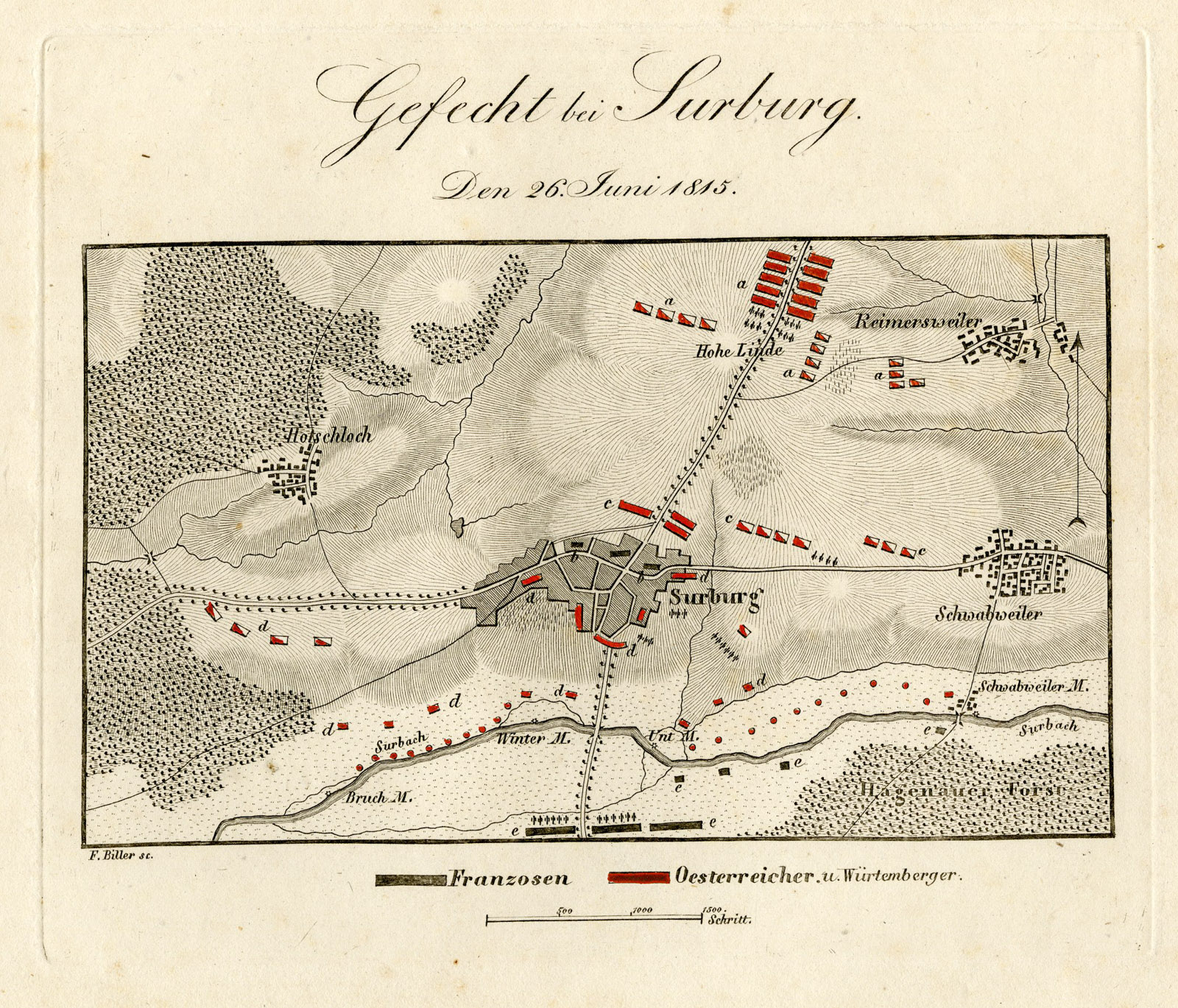, Antique Map-BATTLE OF SURBOURG-FRANCE-Biller-von Rothenburg-1837, Pictura Antique Prints