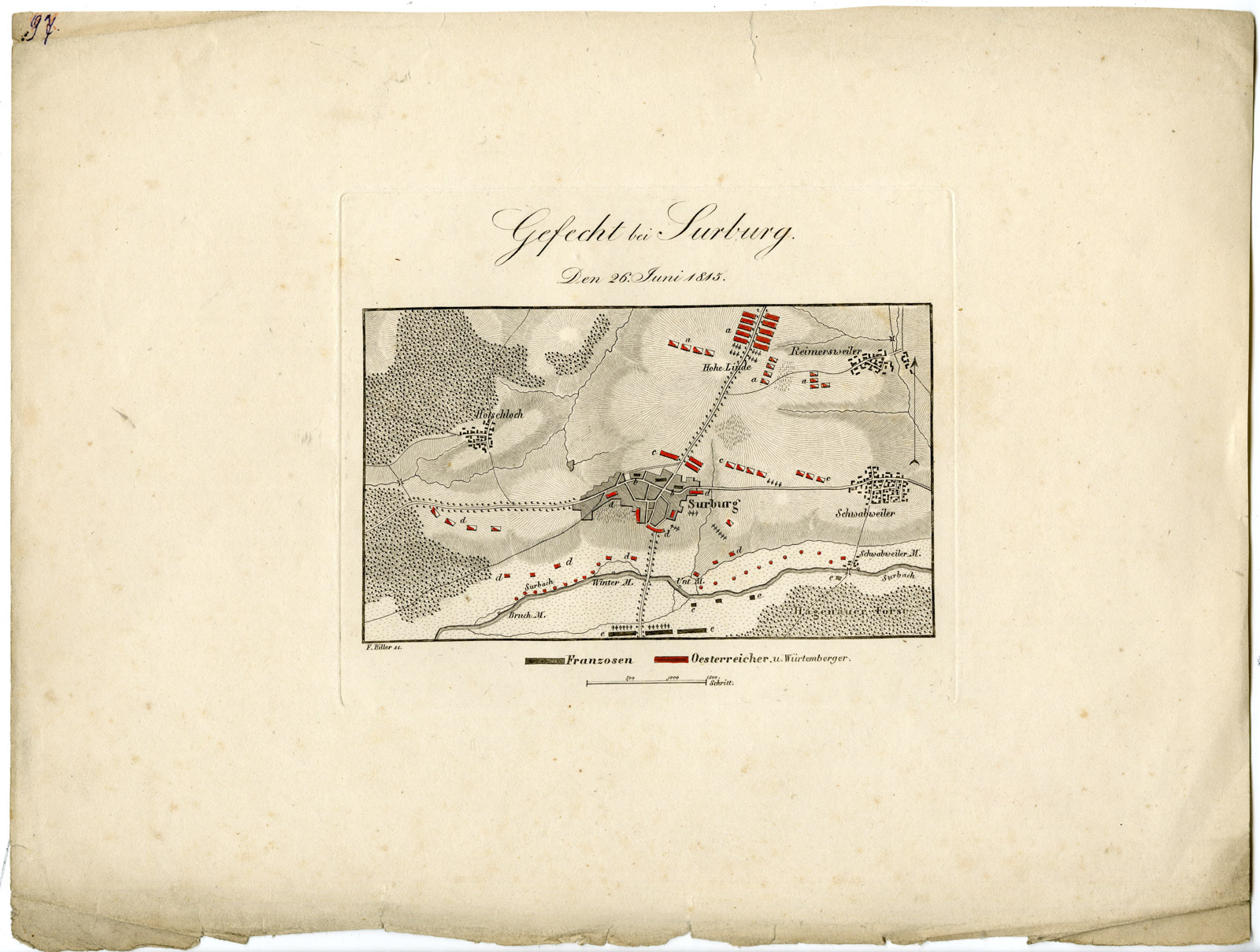 , Antique Map-BATTLE OF SURBOURG-FRANCE-Biller-von Rothenburg-1837, Pictura Antique Prints