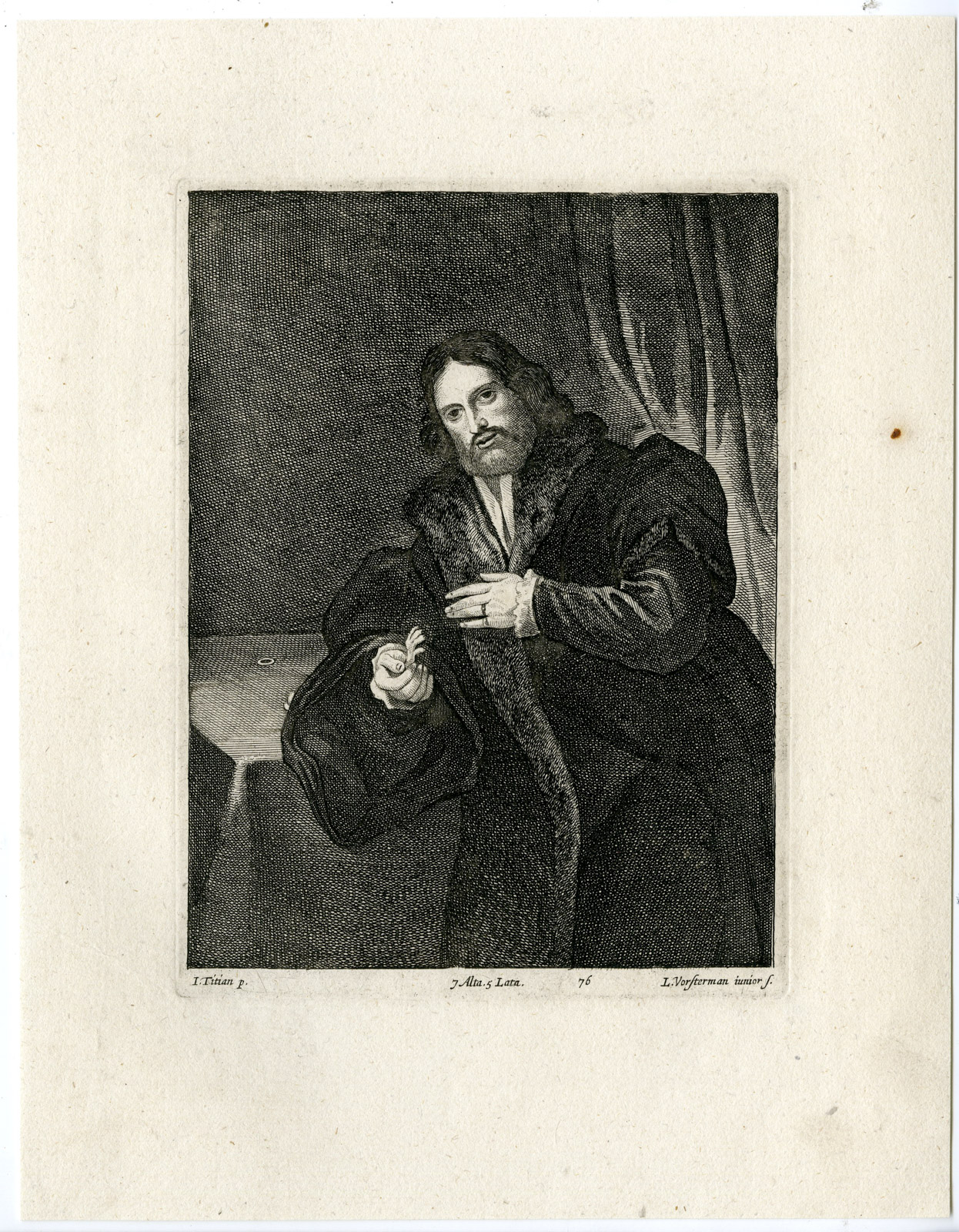 , Antique Print-PORTRAIT OF A MAN-BIRD-PL. 76-Vorsterman-Titian-Teniers-1673, Pictura Antique Prints
