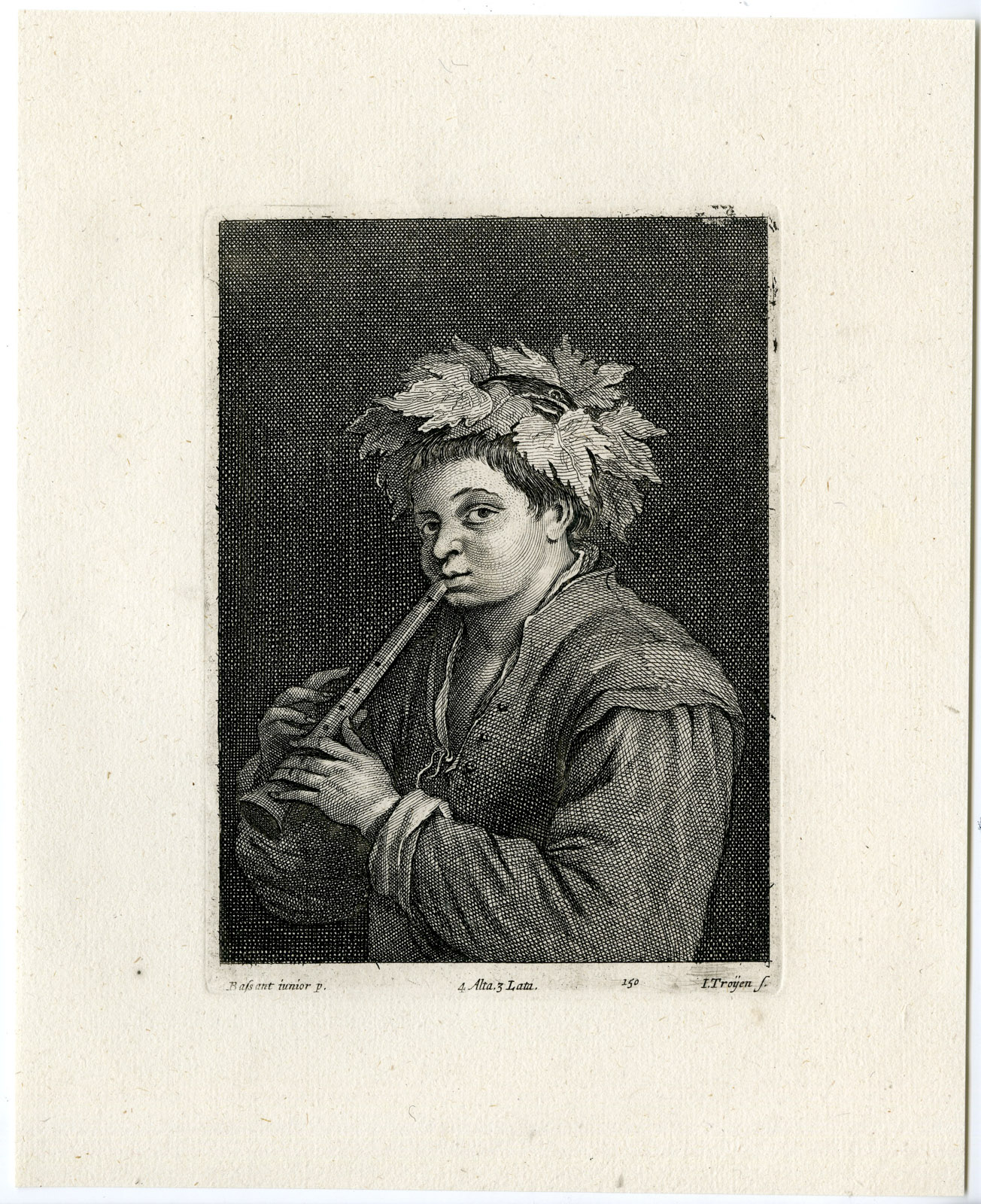 , Antique Print-BOY WITH FLUTE-BACCHUS-PL. 150-van Troyen-Bassano-Teniers-1673, Pictura Antique Prints