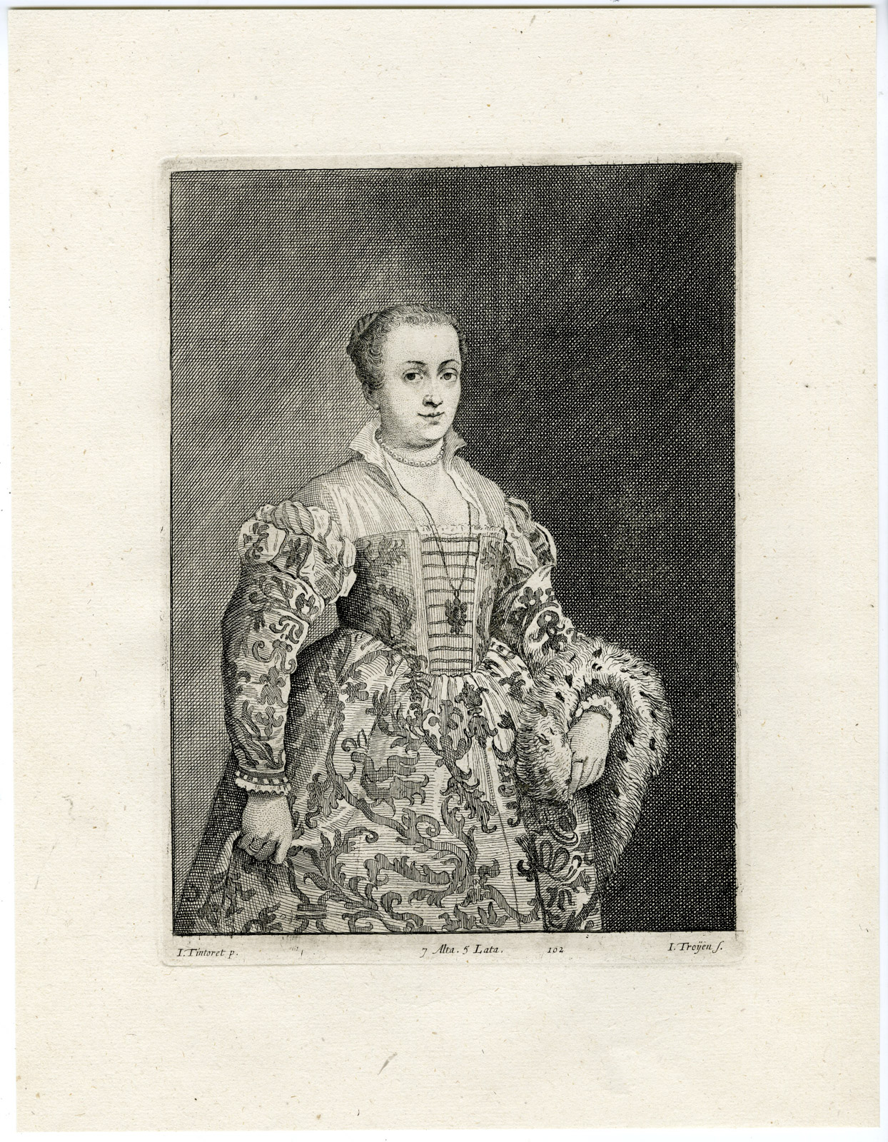 , Antique Print-YOUNG WOMAN-PORTRAIT-PL. 102-van Troyen-Tintoretto-Teniers-1673, Pictura Antique Prints