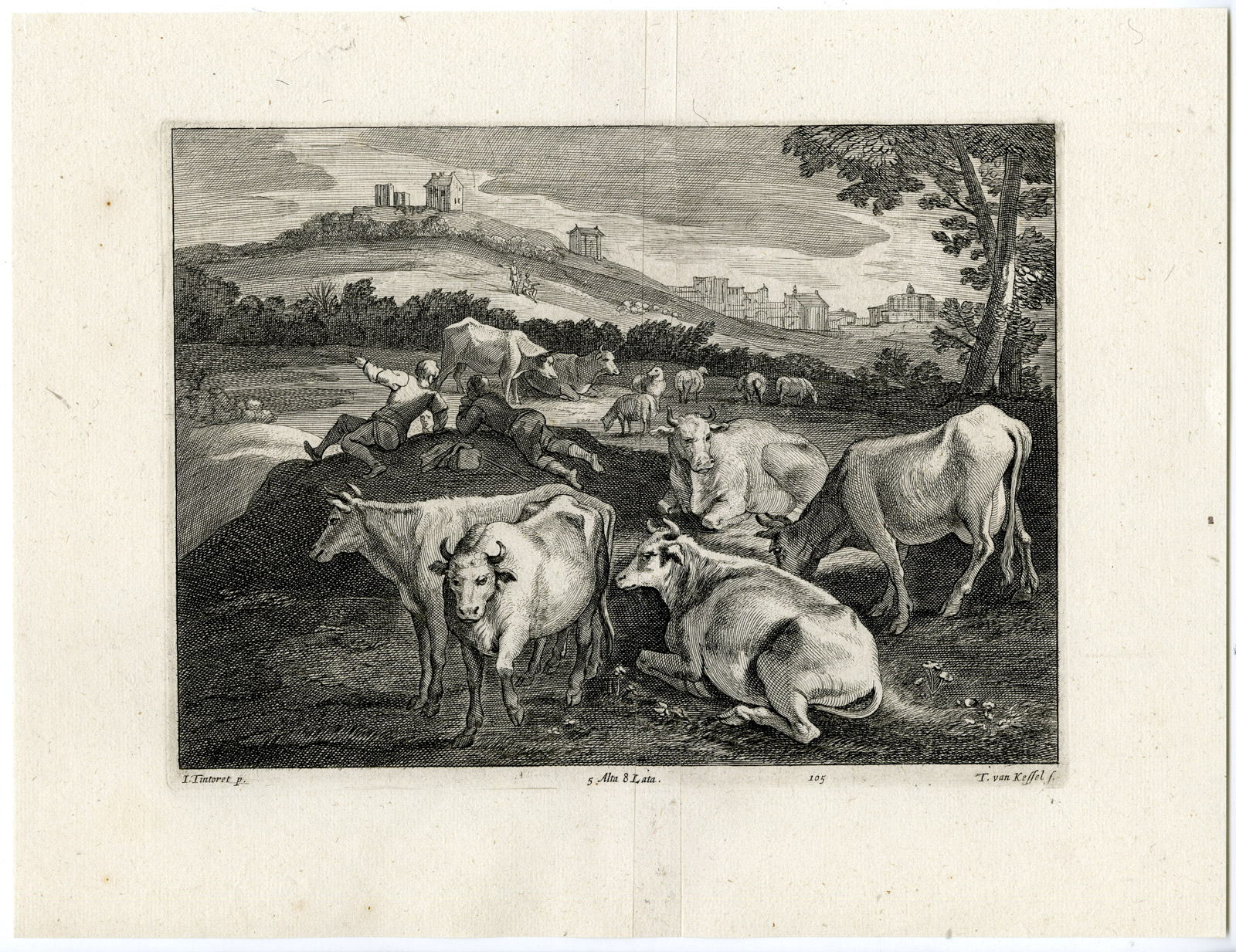 , Antique Print-COW-SHEEP-SHEPHERD-PL. 105-van Kessel-Tintoretto-Teniers-1673, Pictura Antique Prints