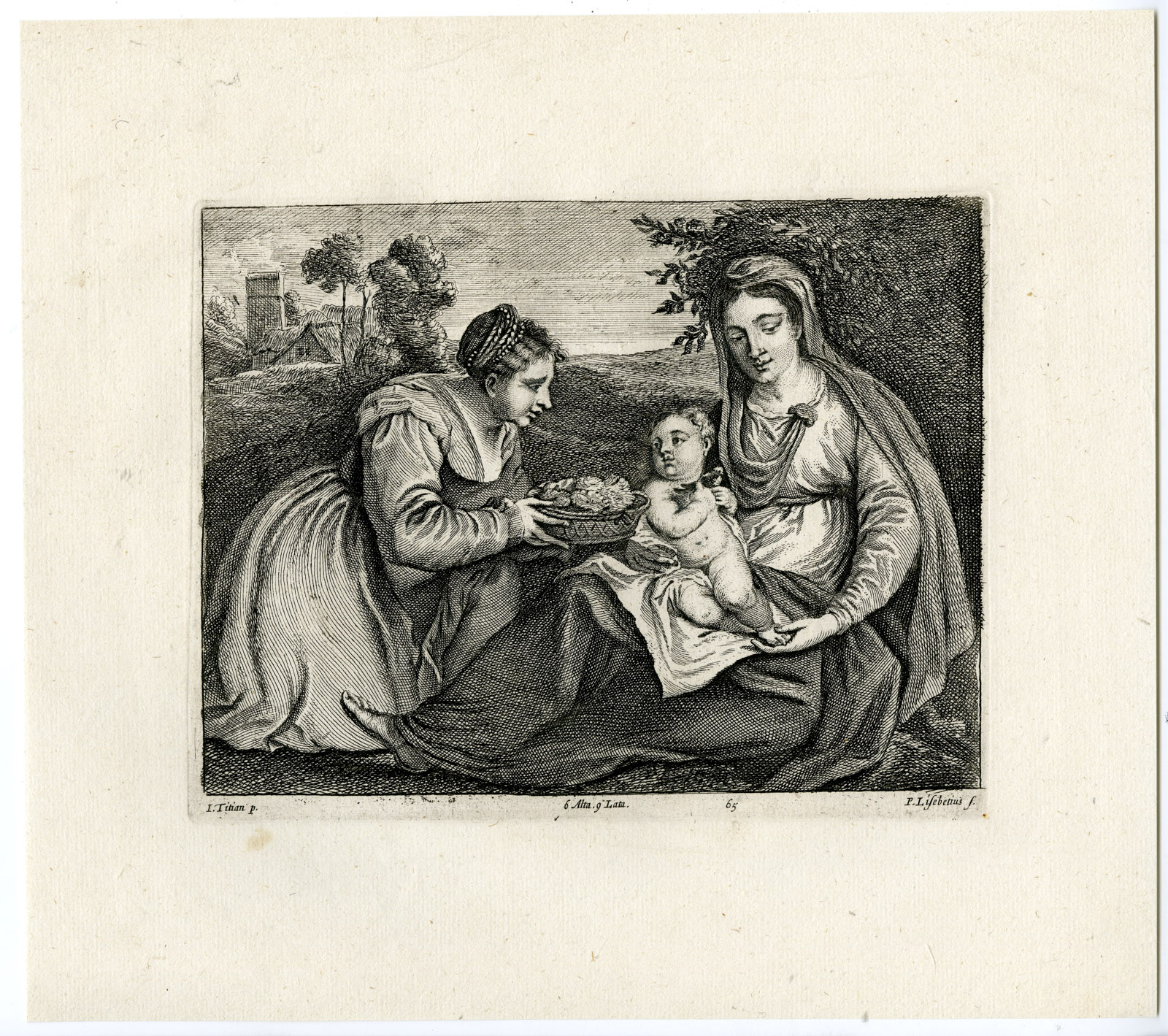 , Antique Print-VIRGIN-CHILD-ST. DOROTHEA-PL.65-van Lisebetten-Titian-Teniers-1673, Pictura Antique Prints
