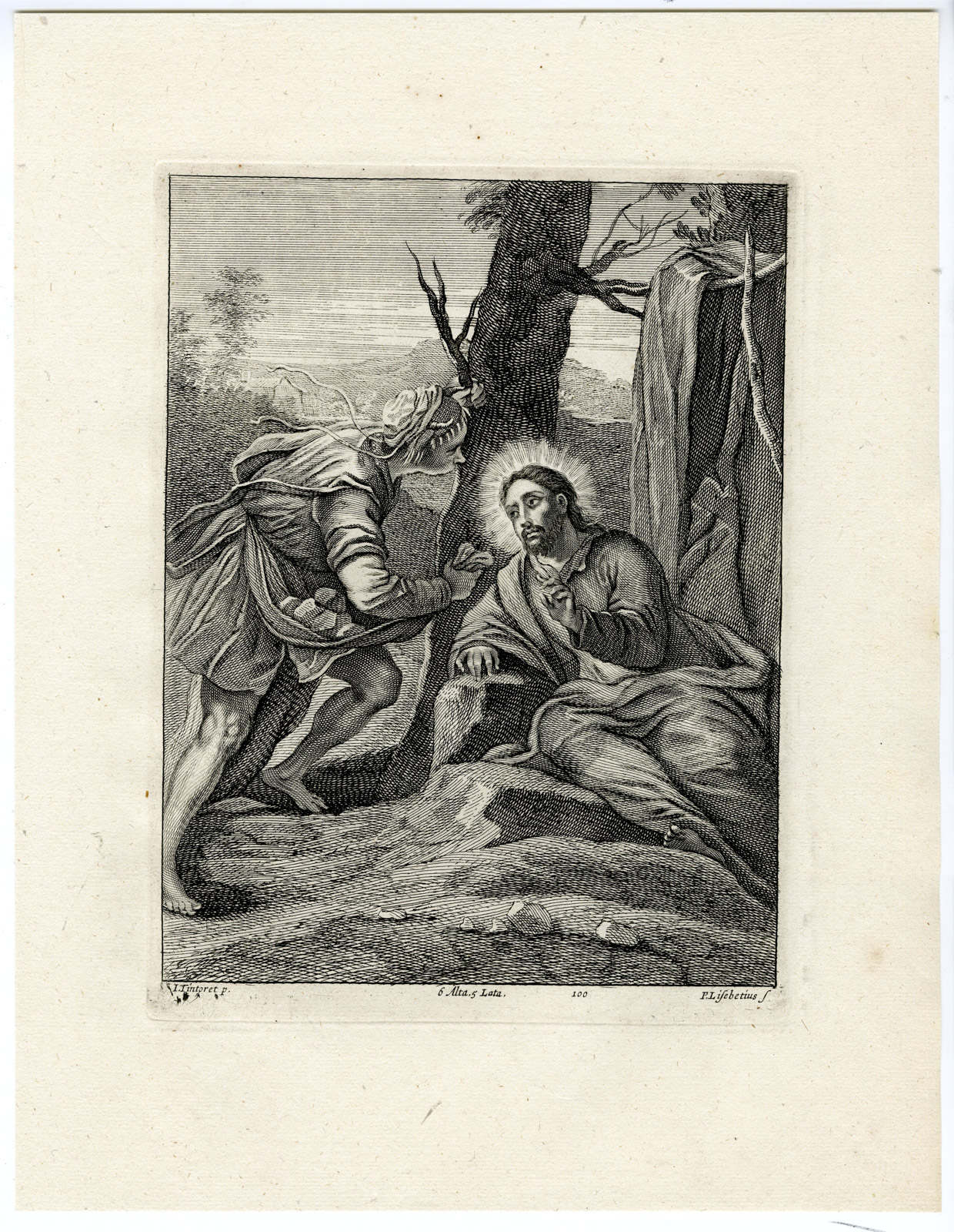 , Antique Print-TEMPTATION OF CHRIST-PL.100-van Lisebetten-Tintoretto-Teniers-1673, Pictura Antique Prints