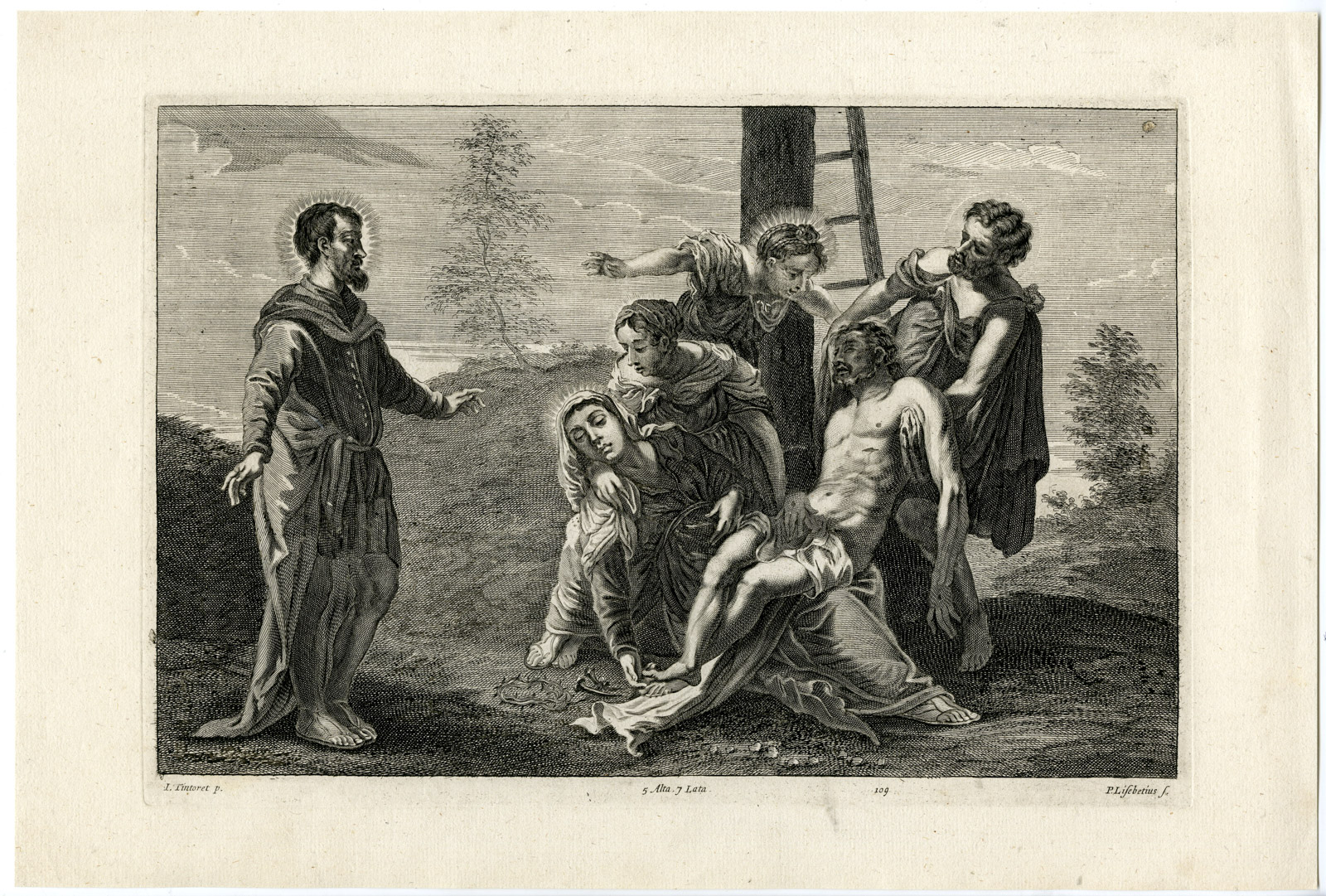 , Antique Print-DESCENT CROSS-CHRIST-PL.109-Lisebetten-Tintoretto-Teniers-1673, Pictura Antique Prints