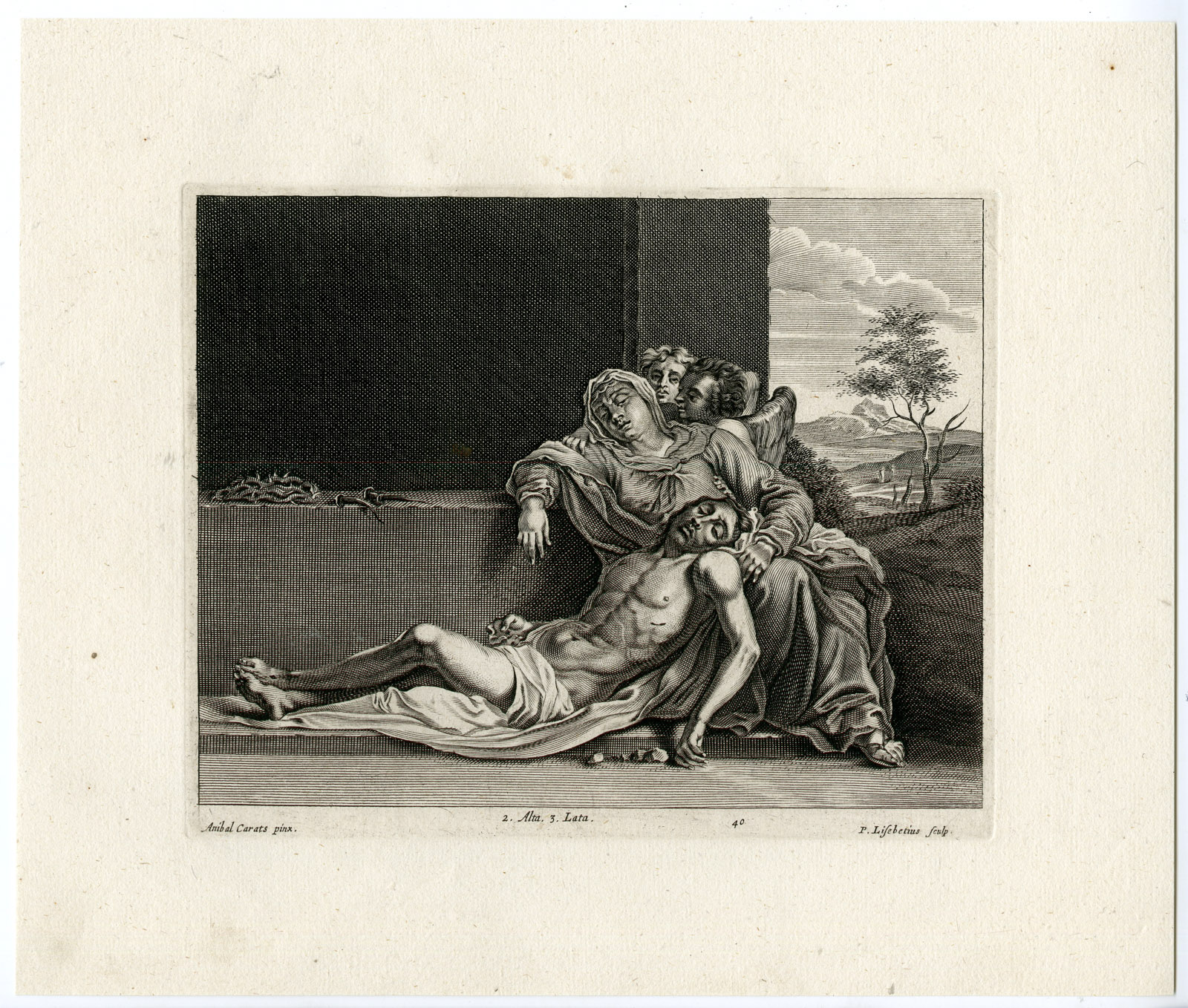 , Antique Print-PIETA-VIRGIN MARY-CHRIST-PL. 40-van Lisebetten-Carracci-Teniers-1673, Pictura Antique Prints