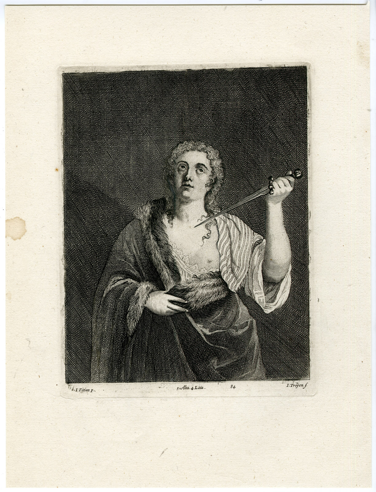 , Antique Print-LUCRETIA-DAGGER-PL. 84-van troyen-Titian-Teniers-1673, Pictura Antique Prints