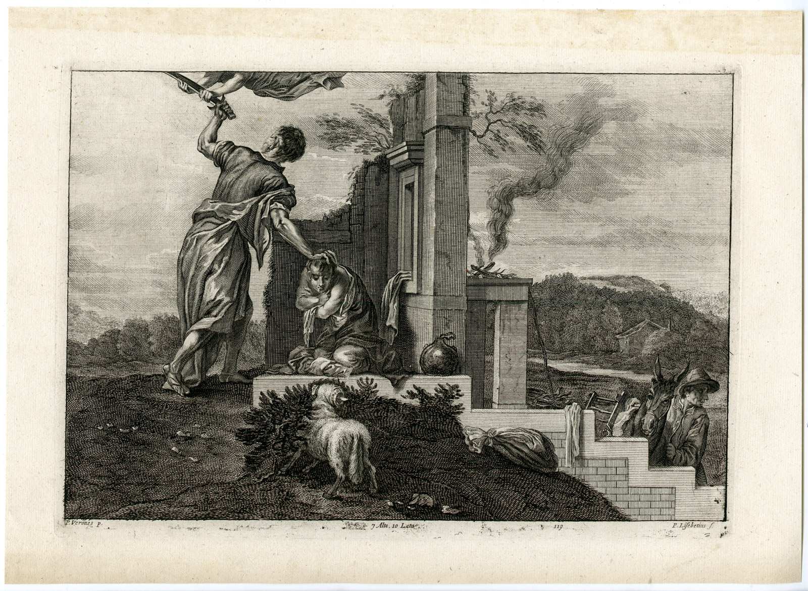 , Antique Print-SACRIFICE OF ISAAC-PL. 119-van Lisebetten-Veronese-Teniers-1673, Pictura Antique Prints