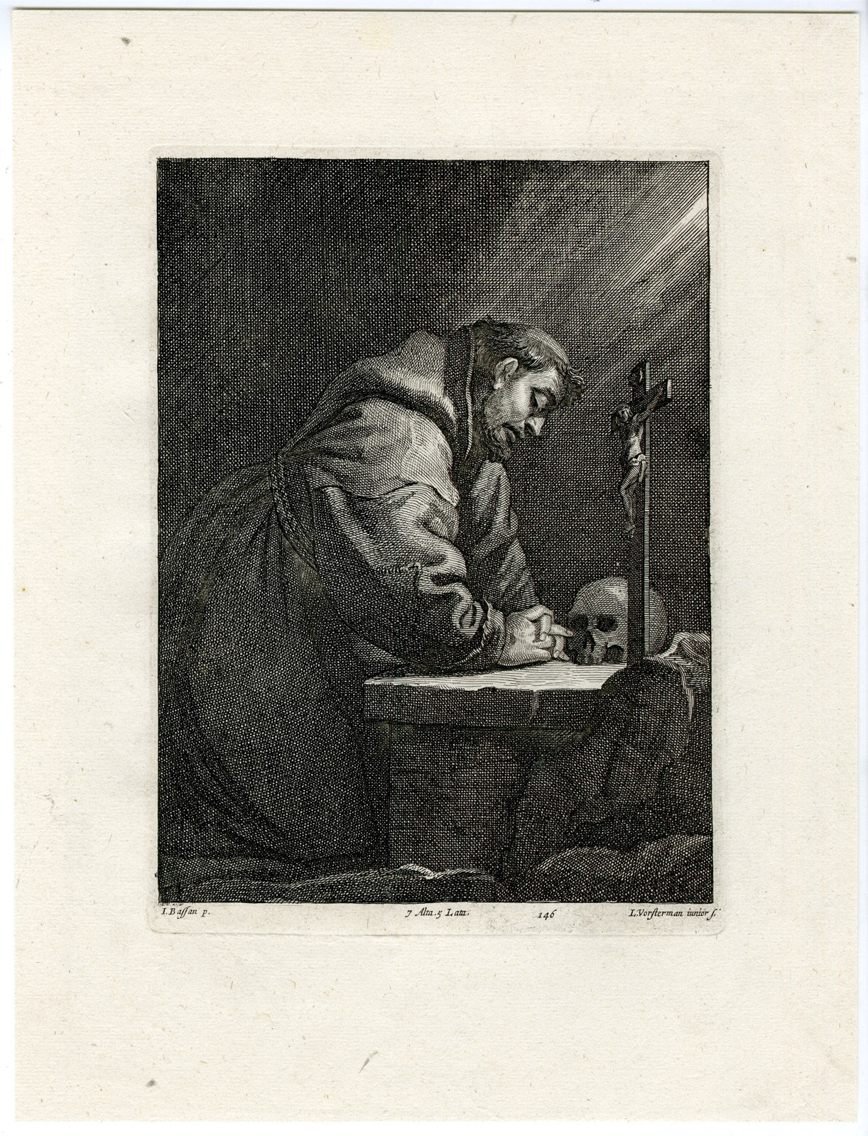 , Antique Print-SAINT FRANCIS-SKULL-PL. 146-Vorsterman-Bassano-Teniers-1673, Pictura Antique Prints