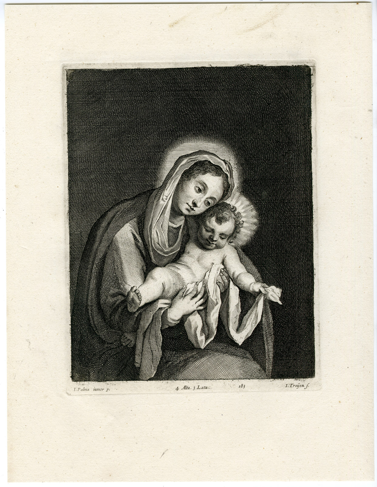 , Antique Print-MADONNA-CHILD-VRGIN MARY-PL. 183-van Troyen-Palma-Teniers-1673, Pictura Antique Prints