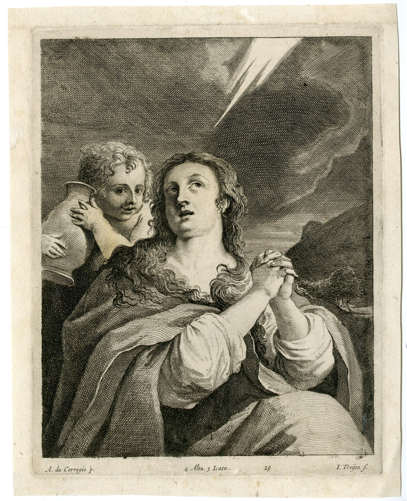 , Antique Print-SAINT MARY MAGDALENE-PL. 3-van Troyen-Correggio-Teniers-1673, Pictura Antique Prints