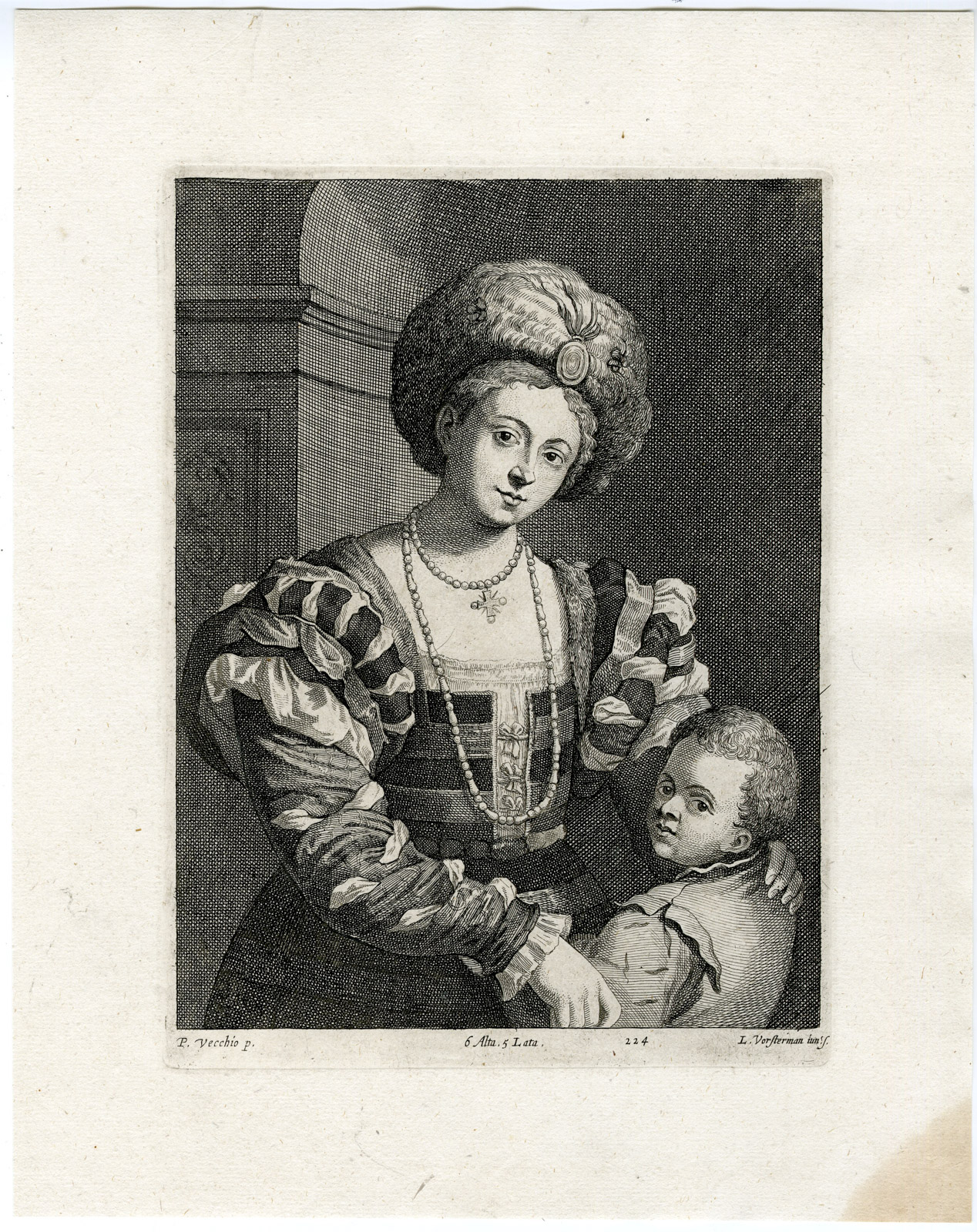, Antique Print-LADY-BOY-PORTRAIT-PL. 224-Vorsterman-Palma-Teniers-1673, Pictura Antique Prints