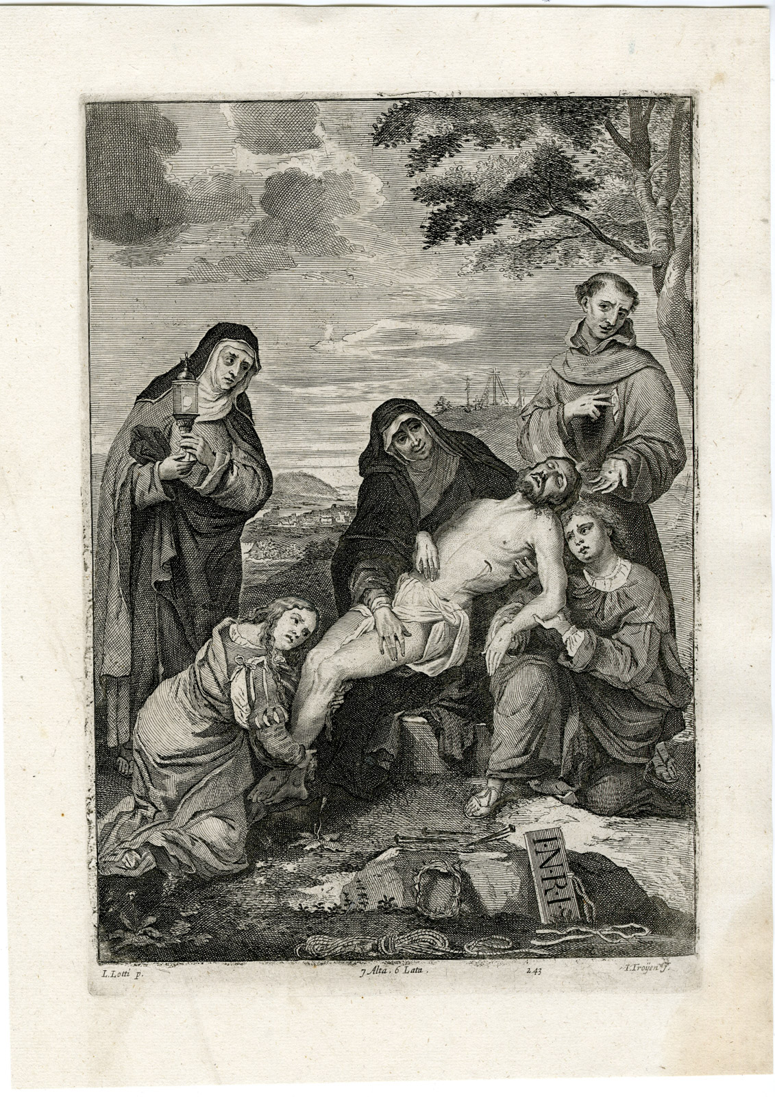 , Antique Print-LAMENTATION OF CHRIST-PL. 243-van Troyen-Lotto-Teniers-1673, Pictura Antique Prints
