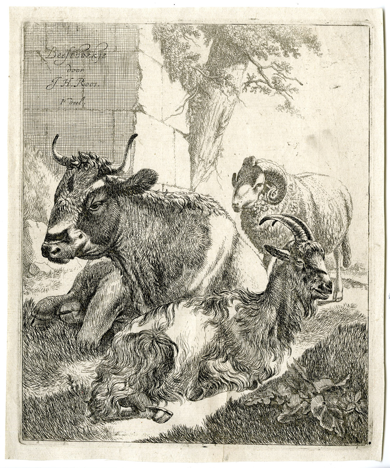 , 8 Antique Prints-Beest-Boekje-Johann Heinrich Roos-c.1668-1670, Pictura Antique Prints
