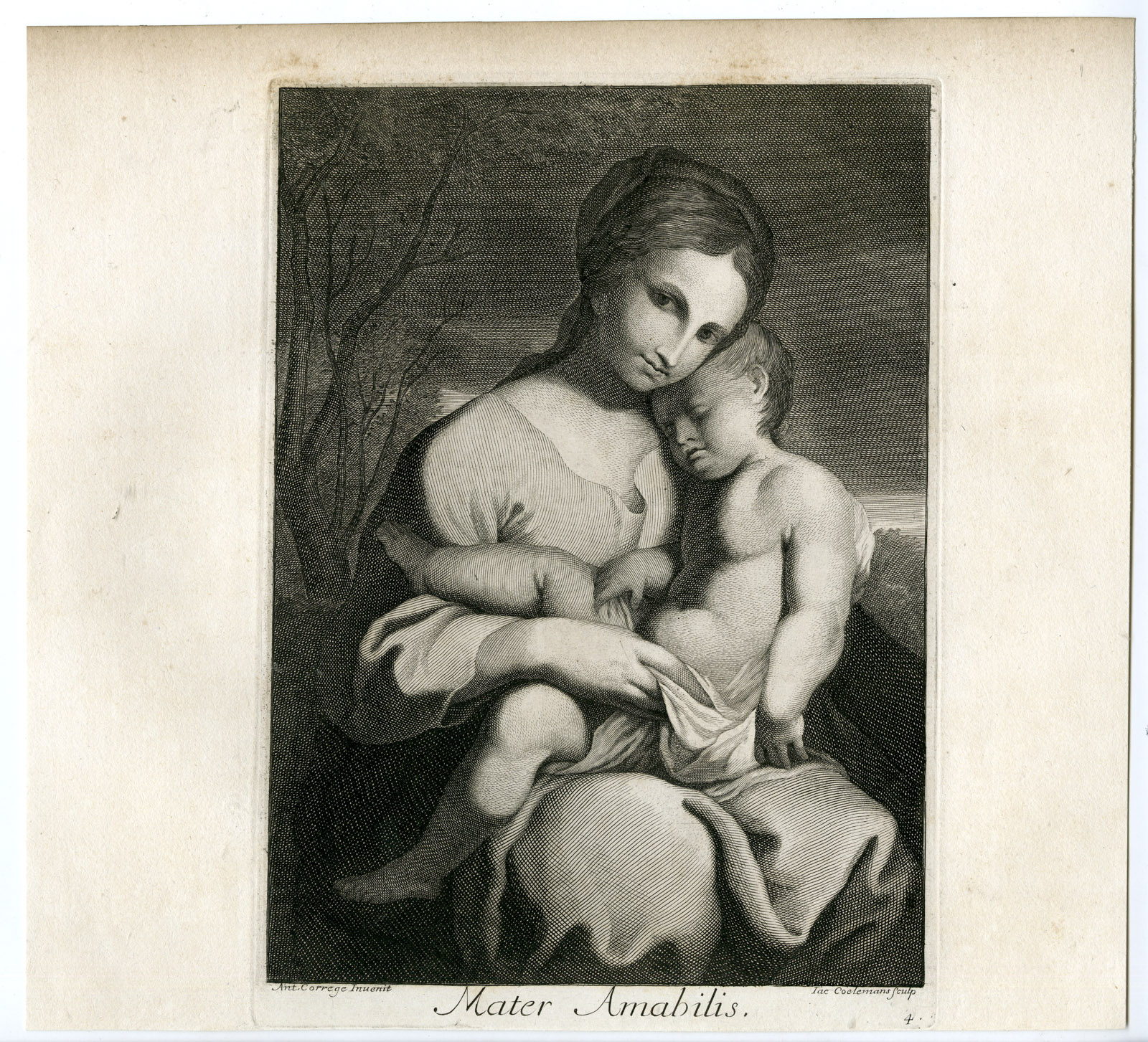 , Antique Master Print-VIRGIN MARY-JESUS-CHILD-Coelemans-after Correggio-1767, Pictura Antique Prints