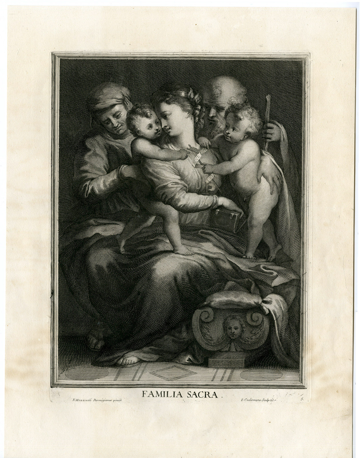 , Antique Master Print-HOLY FAMILY-JOHN THE BAPTIST-Coelemans-Parmigianino-1767, Pictura Antique Prints