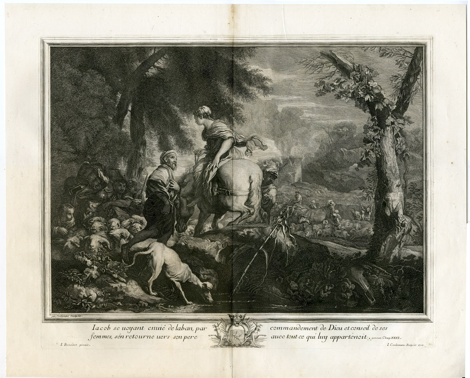 , Antique Master Print-JACOB RETURNING TO FATHER-Coelemans-Castiglione-1767, Pictura Antique Prints
