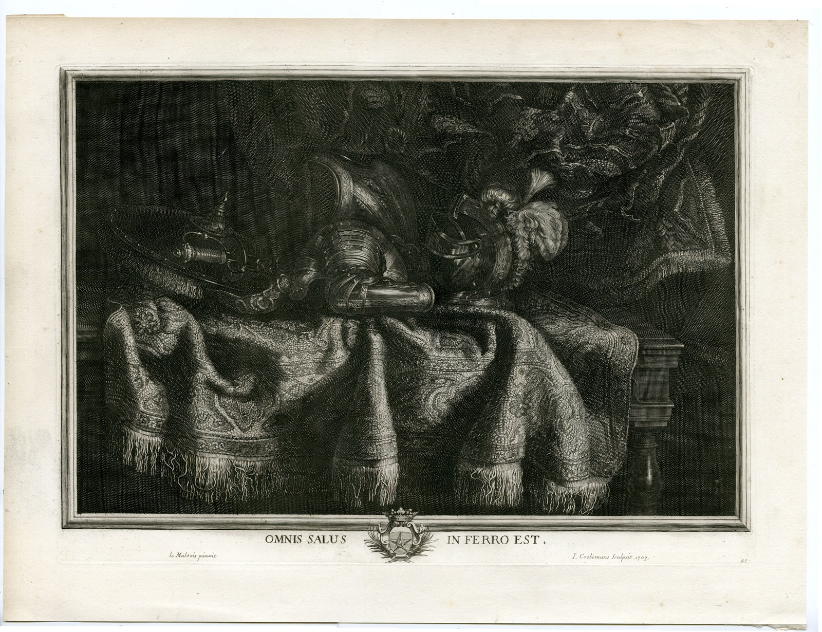 , Antique Master Print-STILL LIFE-ARMOUR-HELMET-STEEL-METAL-Coelemans-Maltese-1767, Pictura Antique Prints