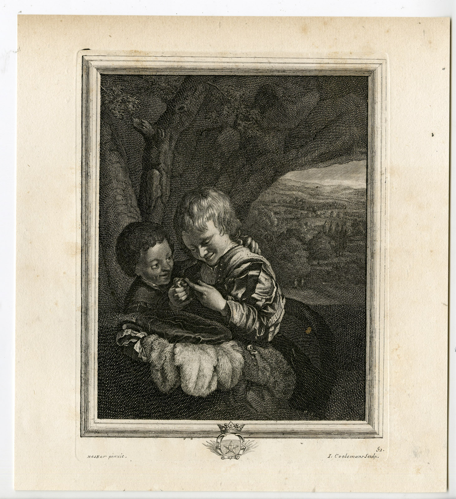 , Antique Master Print-BOYS PLAYING WITH SPARROW-Coelemans-Netscher-1767, Pictura Antique Prints