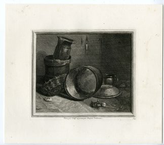 Antique Master Print-STILL LIFE-POTS-PANS-KITCHEN-Coelemans-Kalf-1767
