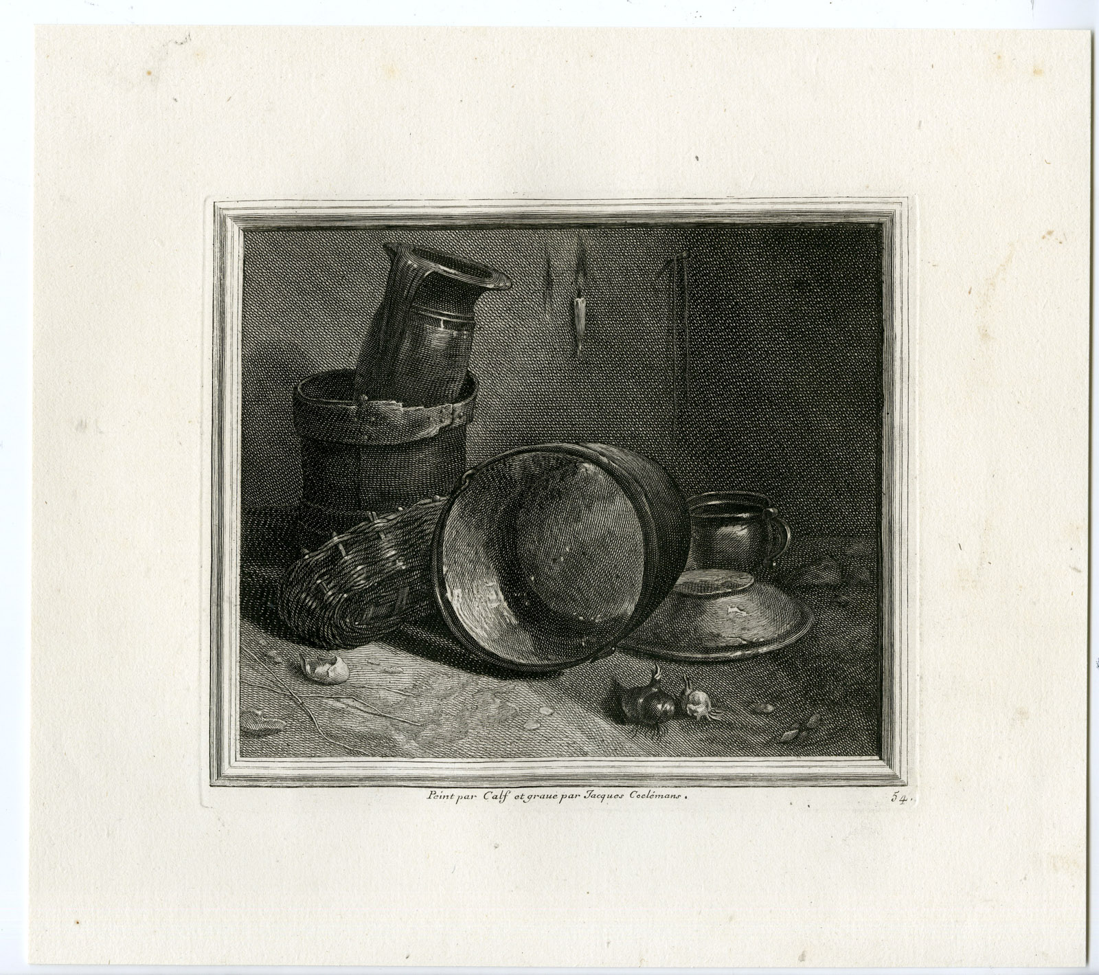 , Antique Master Print-STILL LIFE-POTS-PANS-KITCHEN-Coelemans-Kalf-1767, Pictura Antique Prints