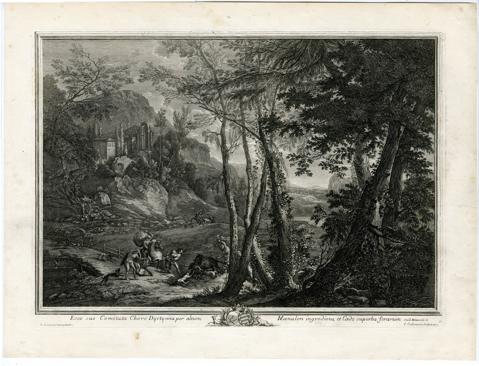 , Antique Master Print-ARCADIAN LANDSCAPE-BOAR HUNTING-Coelemans-Immenraet-1767, Pictura Antique Prints