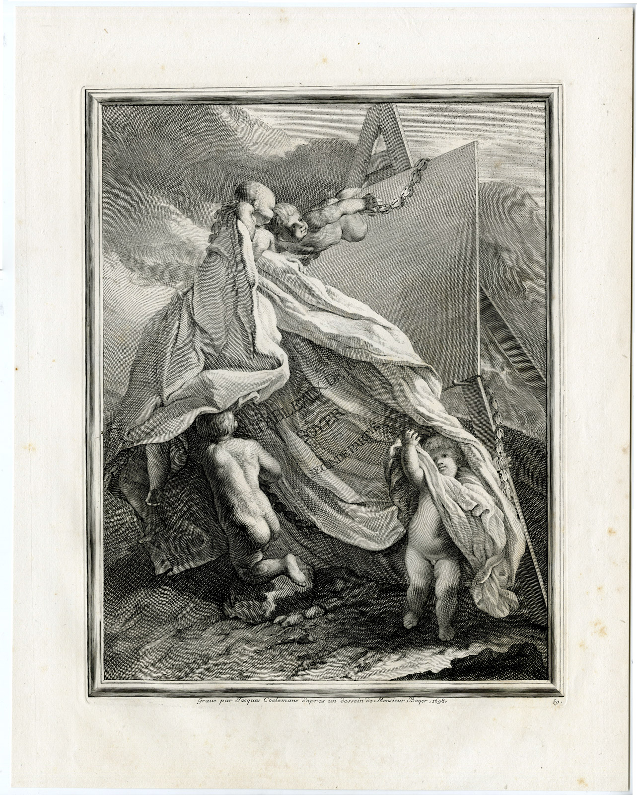 , Antique Master Print-TITLE ENGRAVING-PUTTI’S-PAINTERS EASEL-Coelemans-Boyer-1767, Pictura Antique Prints