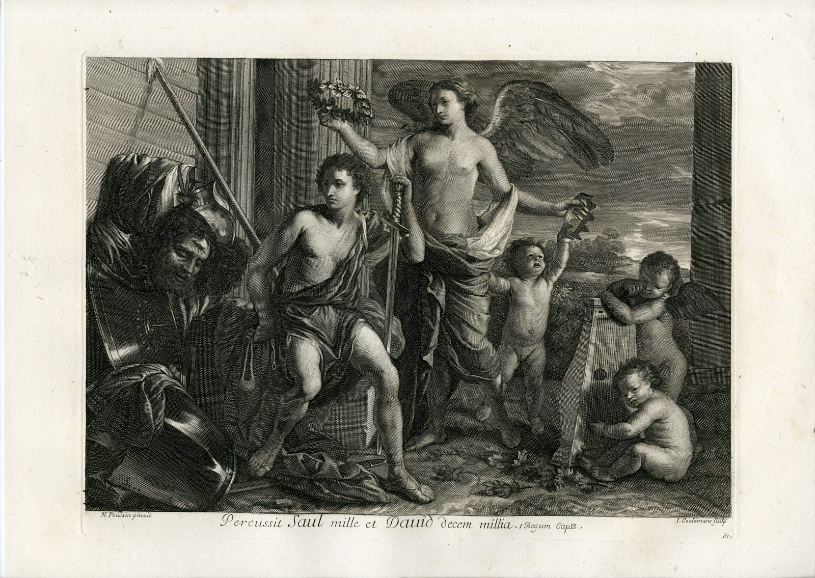 , Antique Master Print-DAVID-VICTORY-WREATH-SAUL-LUTE-ANGEL-Coelemans-Poussin-1767, Pictura Antique Prints