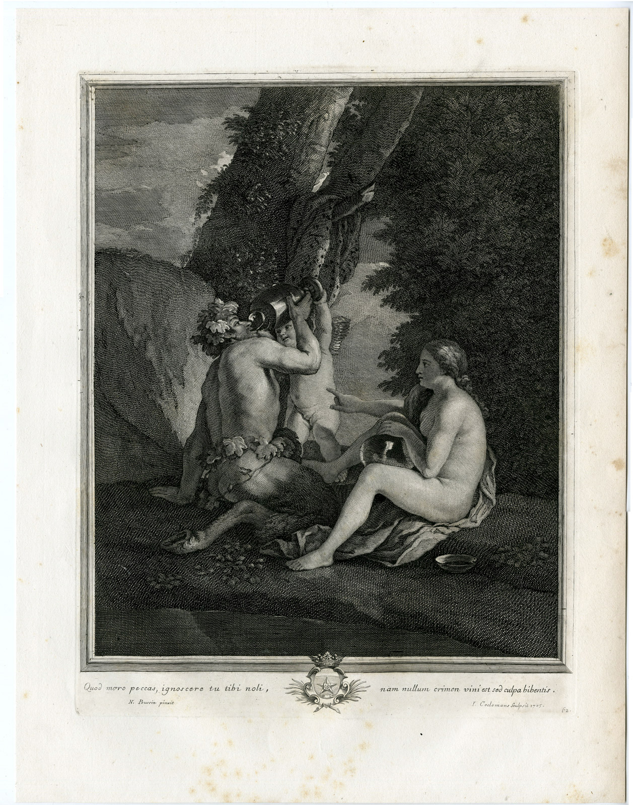 , Antique Master Print-DRINKING-FAUN-NYMPH-ANGEL-Coelemans-Poussin-1767, Pictura Antique Prints