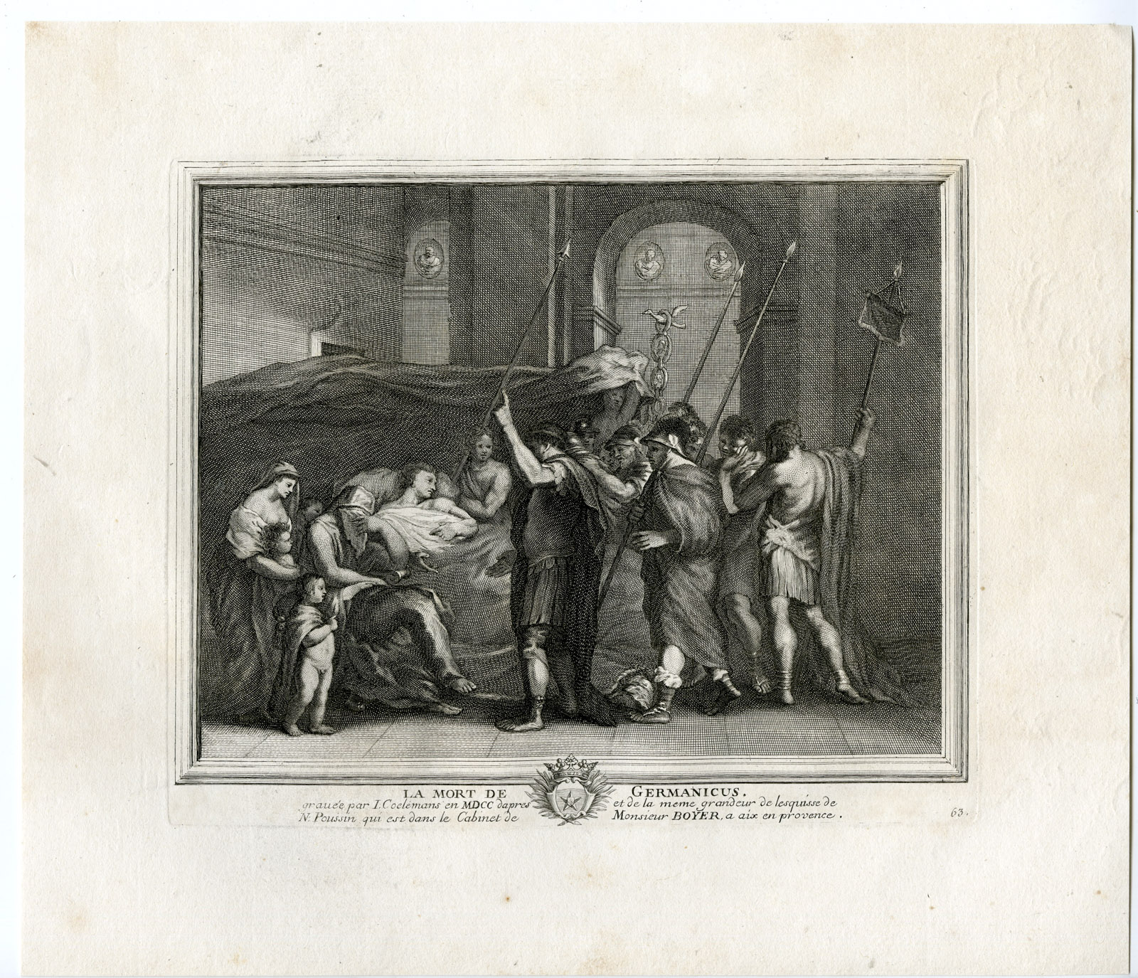 , Antique Master Print-DEATH-GERMANICUS JULIUS CEASAR-Coelemans-Poussin-1767, Pictura Antique Prints