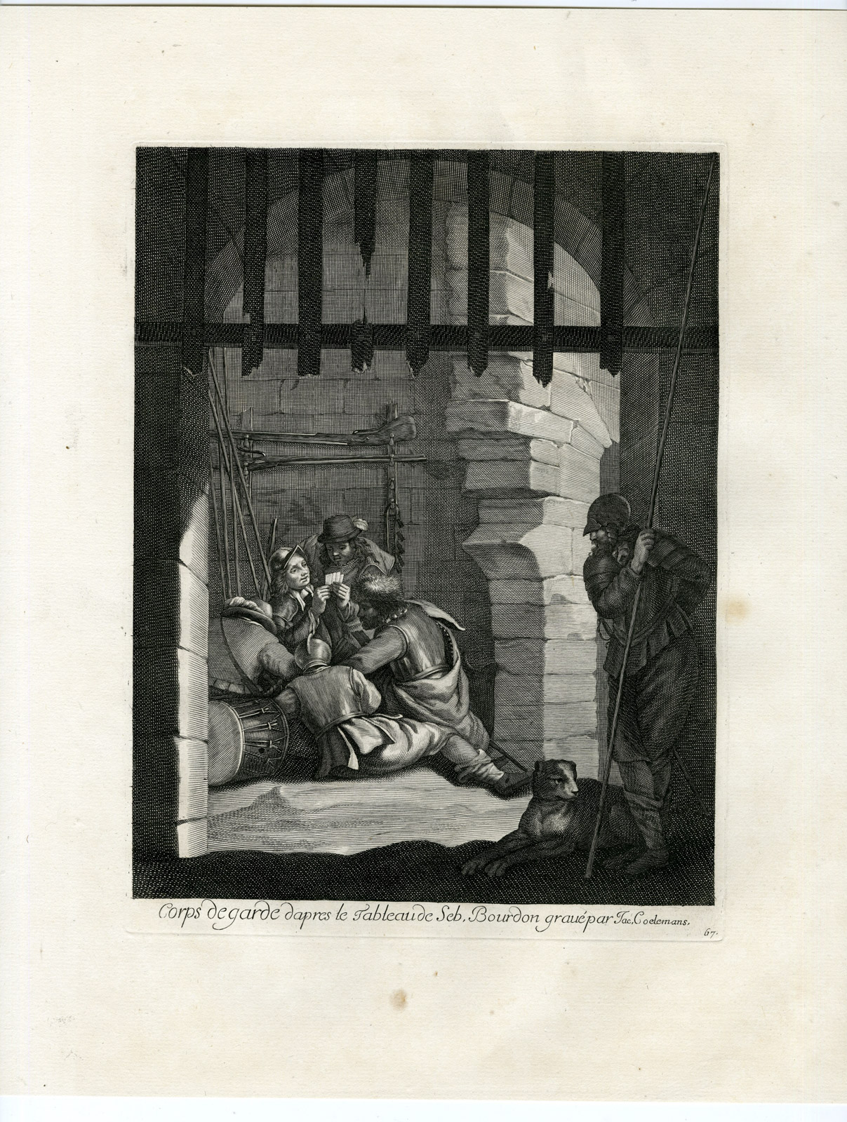 , Antique Master Print-GUARD HOUSE-SOLDIERS PLAYING CARDS-Coelemans-Bourdon-1767, Pictura Antique Prints
