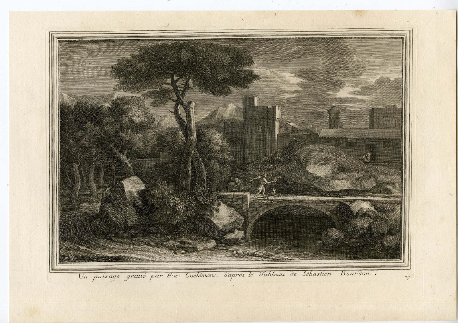 , Antique Master Print-ARCADIAN LANDSCAPE-BRIDGE-CASTLE-Coelemans-Bourdon-1767, Pictura Antique Prints
