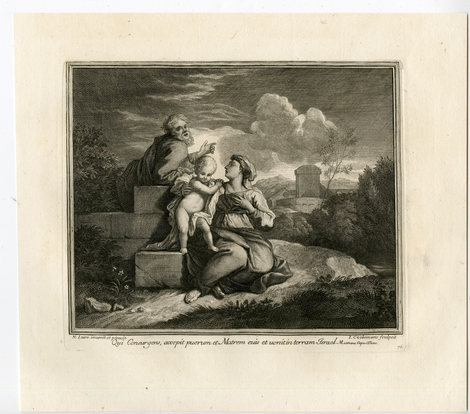 , Antique Master Print-HOLY FAMILY-JESUS-RETURN TO ISRAEL-Coelemans-Loyr-1767, Pictura Antique Prints