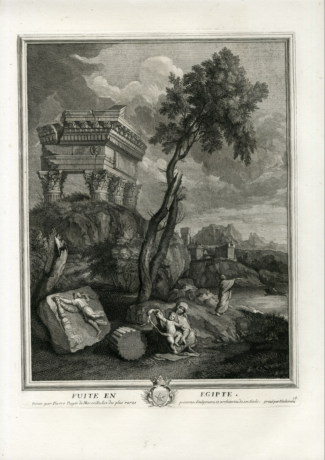 , Antique Master Print-HOLY FAMILY-FLIGHT-EGYPT-ARCHITECTURE-Coelemans-Puget-1767, Pictura Antique Prints
