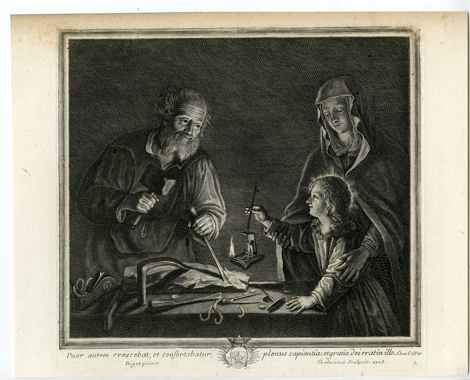 , Antique Master Print-JESUS TAUGHT BY JOSEPH-CARPENTER-Coelemans-Bigot-1767, Pictura Antique Prints
