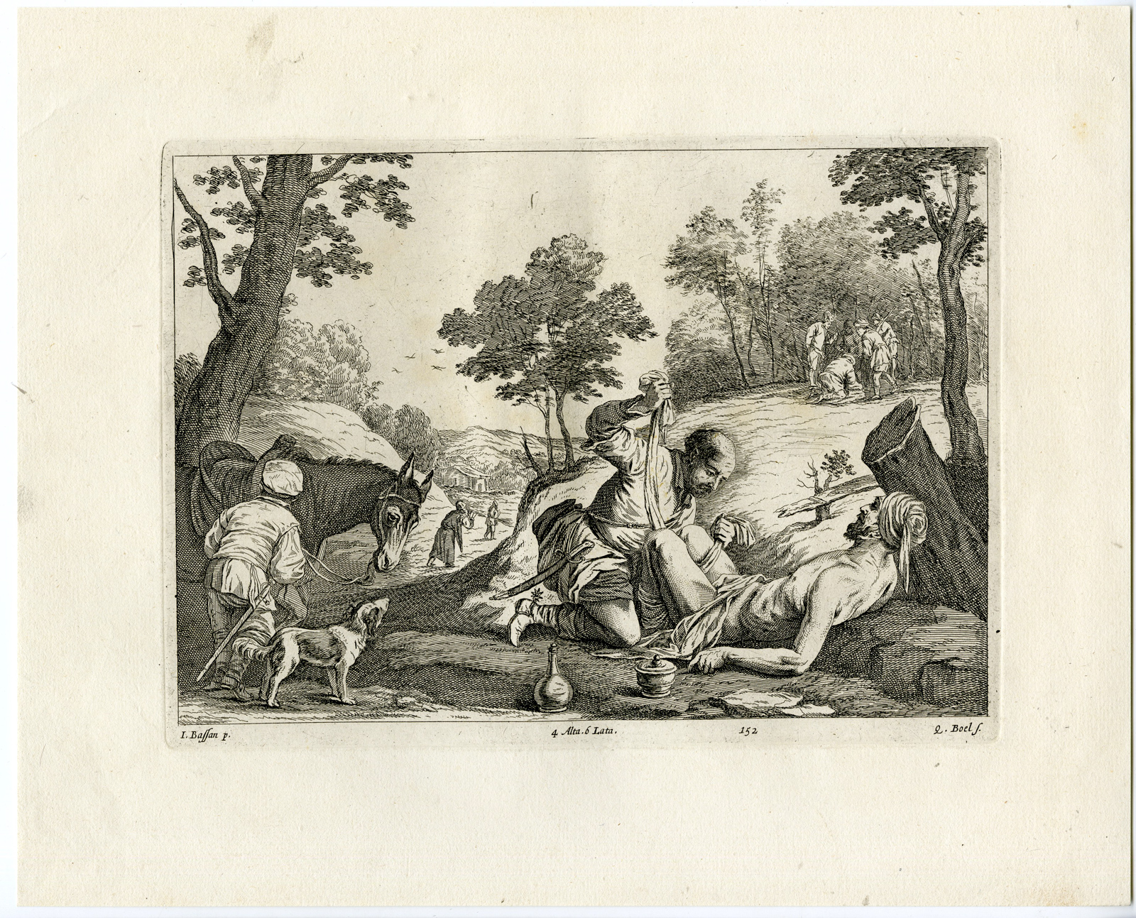 , Antique Print-THE GOOD SAMARITAN-ROBBERS-LANDSCAPE-Boel-Bassano-Teniers-1673, Pictura Antique Prints