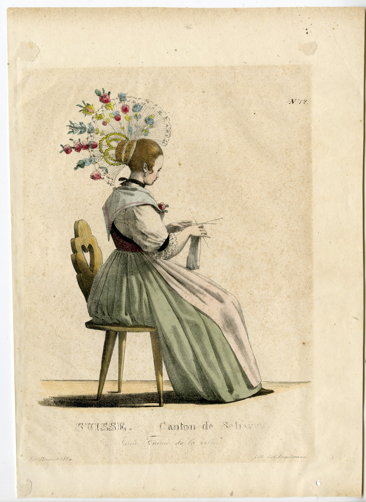 , Rare-Antique Print-WOMAN KNITTING-COSTUME SCHWYZ-Engelmann-Pingret-1824, Pictura Antique Prints