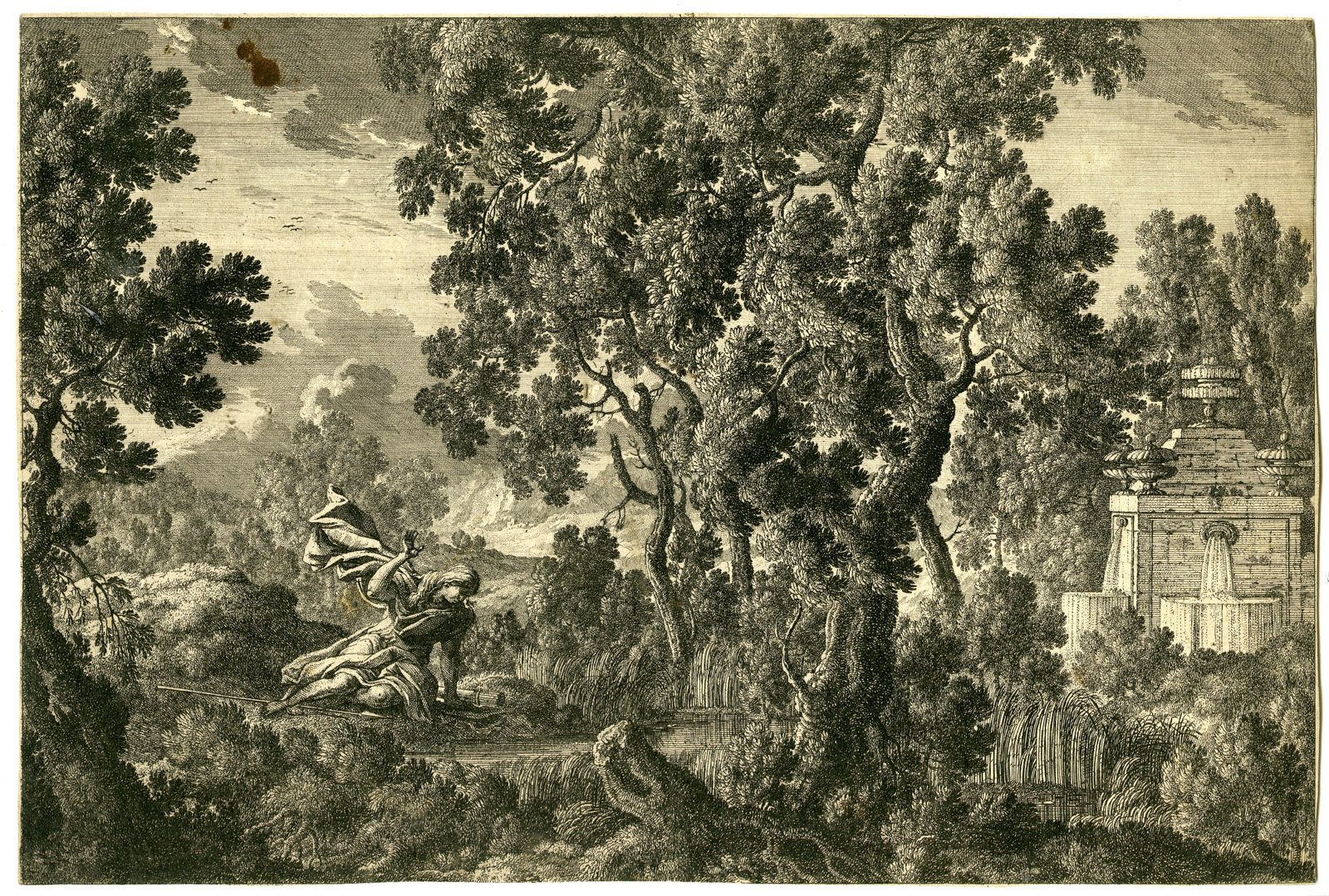 , Rare-Antique Master Print-DIANA-HUNTRESS IN LANDSCAPE-FOUNTAIN-Perelle-le Blond-c.1660, Pictura Antique Prints