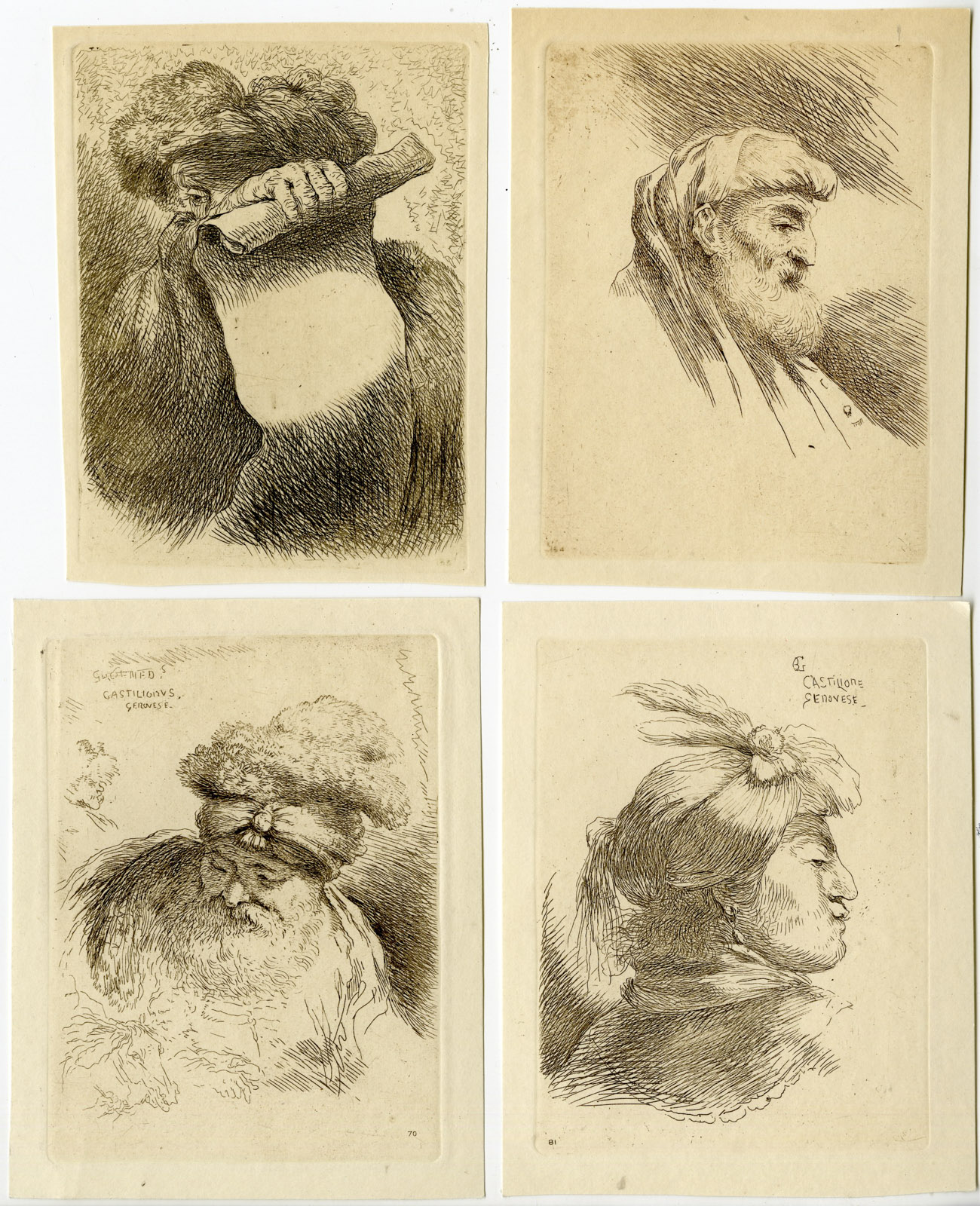 , 4-Antique Master Prints-HEADS OF FIGURES-Castiglione-c.1645, Pictura Antique Prints