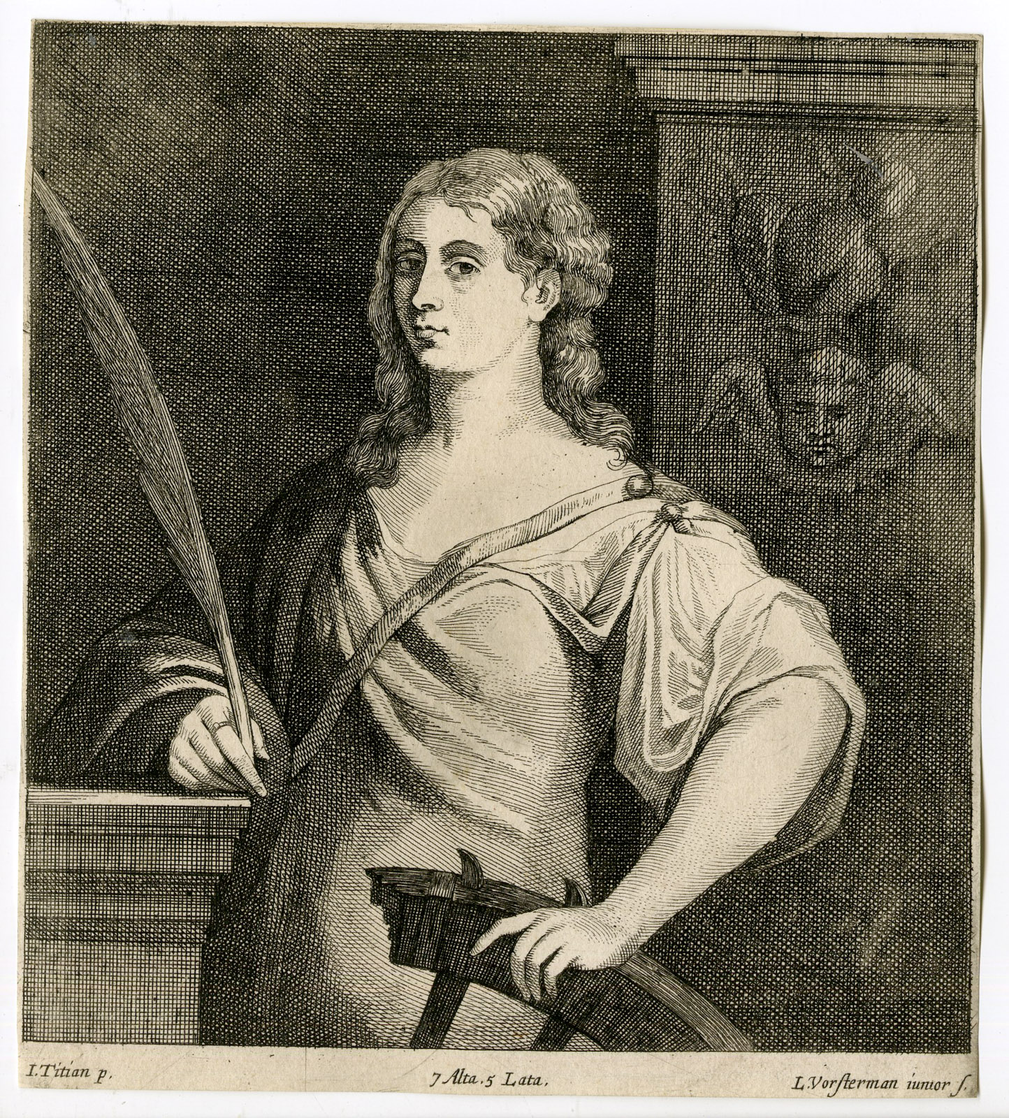 , Rare-Antique Master Print-PORTRAIT-YOUNG WOMAN-FEATHER-Vorsterman-Titian-1660, Pictura Antique Prints