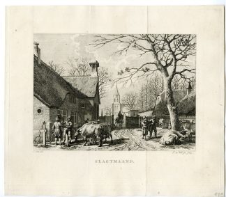 Rare-Antique Master Print-SLAUGHTER-MONTH OF NOVEMBER-DUTCH VILLAGE-de Wit-Cats