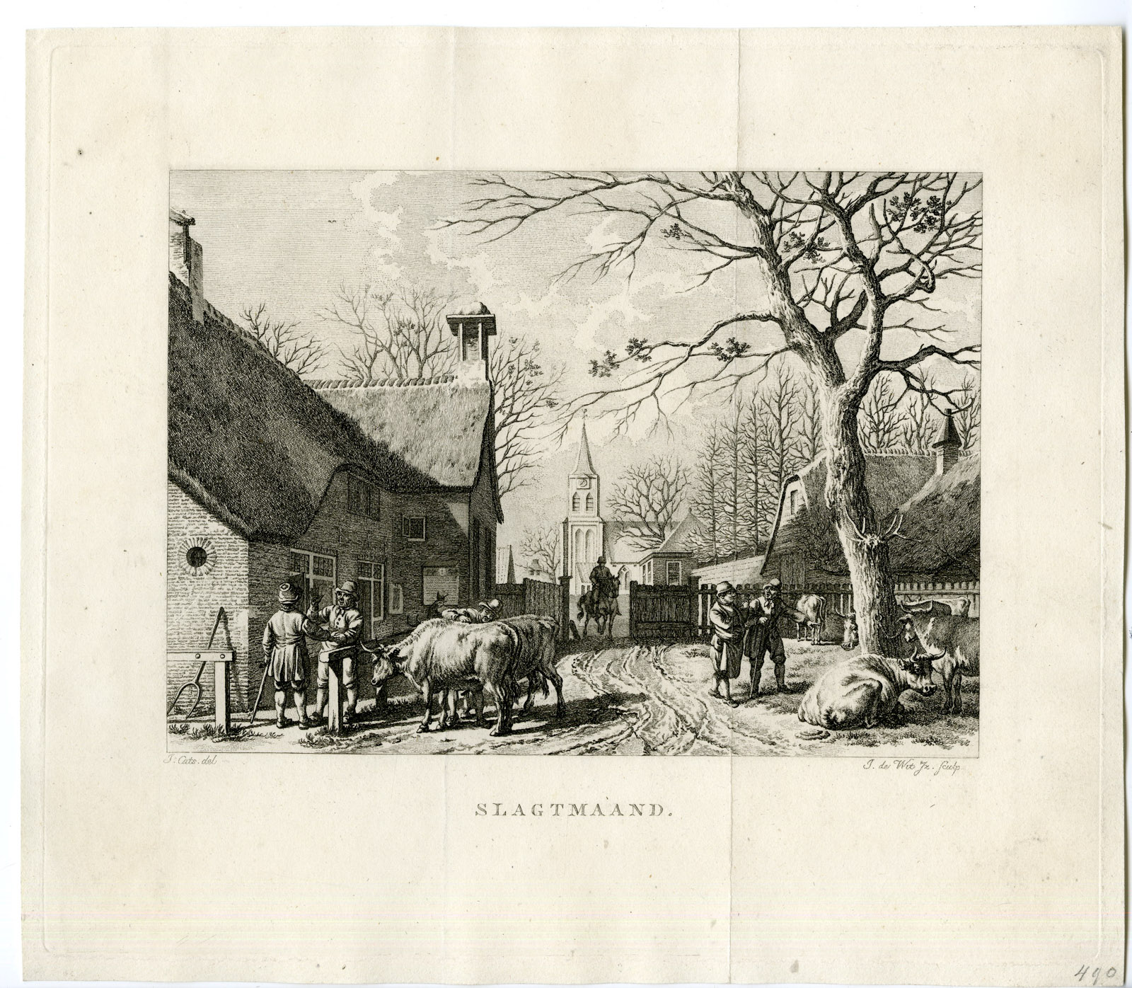 , Rare-Antique Master Print-SLAUGHTER-MONTH OF NOVEMBER-DUTCH VILLAGE-de Wit-Cats, Pictura Antique Prints